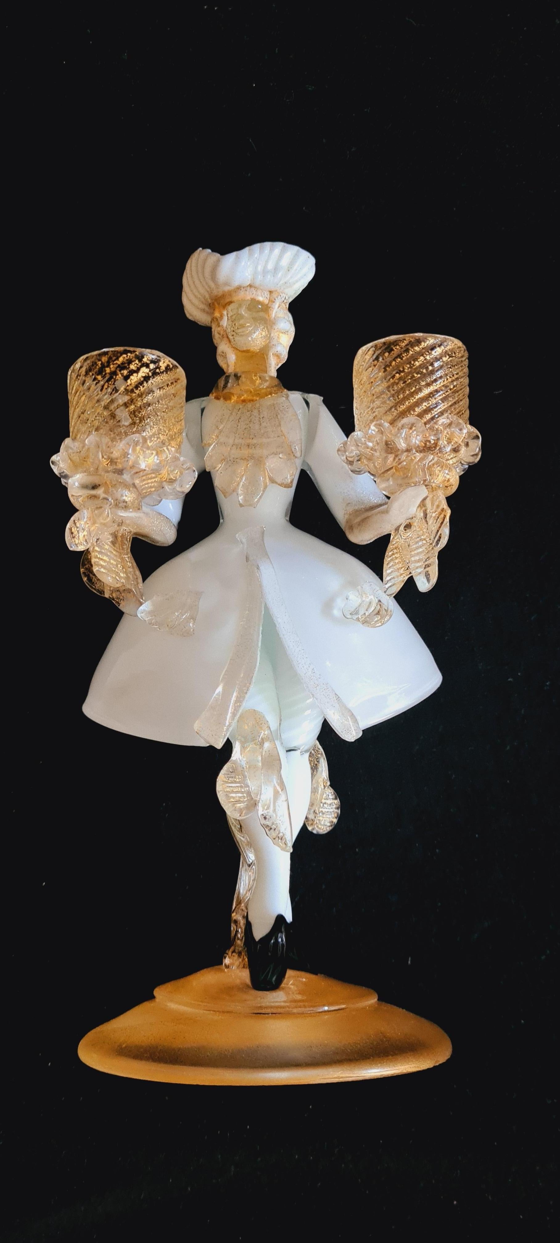 Italian Antique Murano Glass Candleholder Figurine with Gold Leaf, Vetri Salviati For Sale