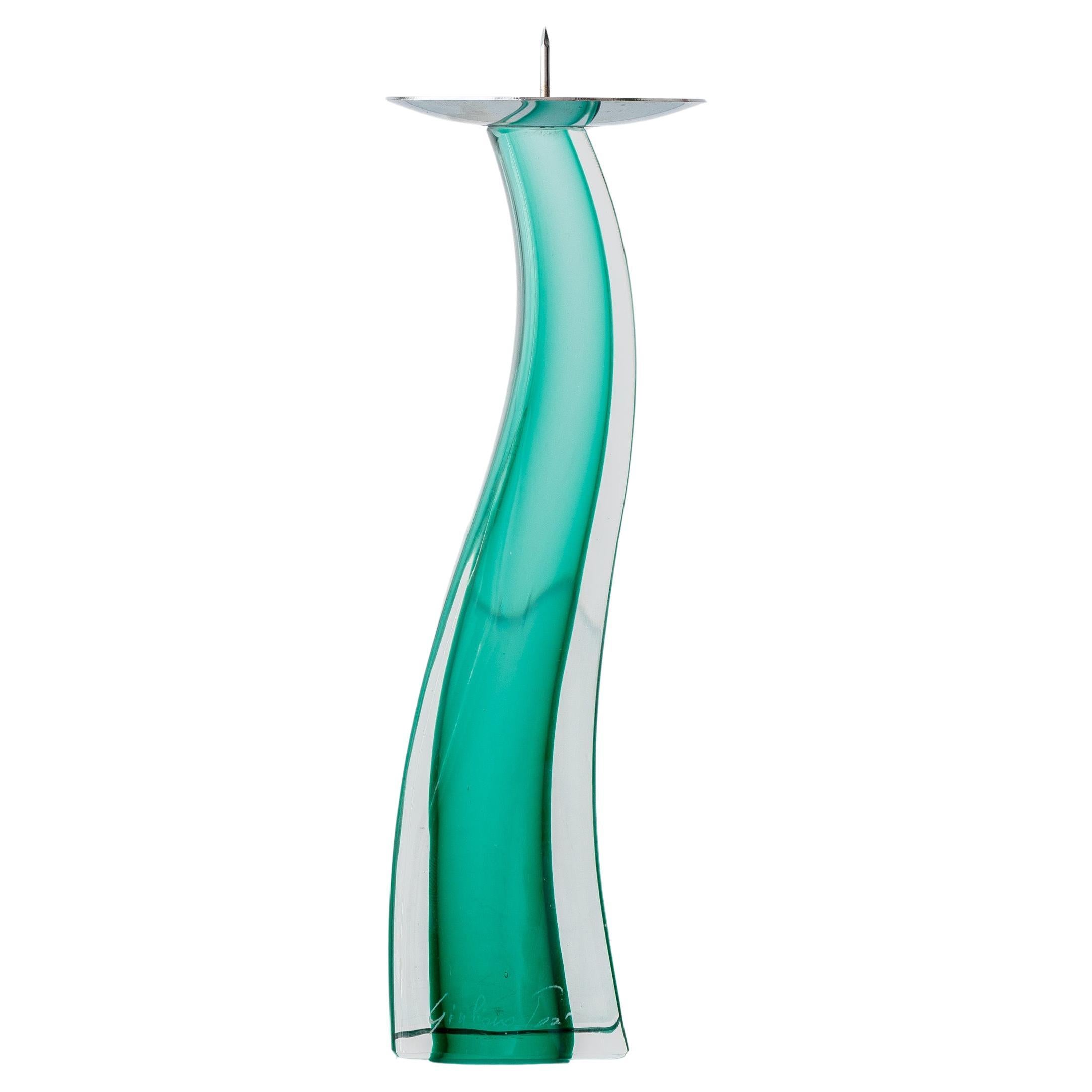 Murano Glass Candlestick by Giuliano Tosi, Emerald Green Sommerso, Signed