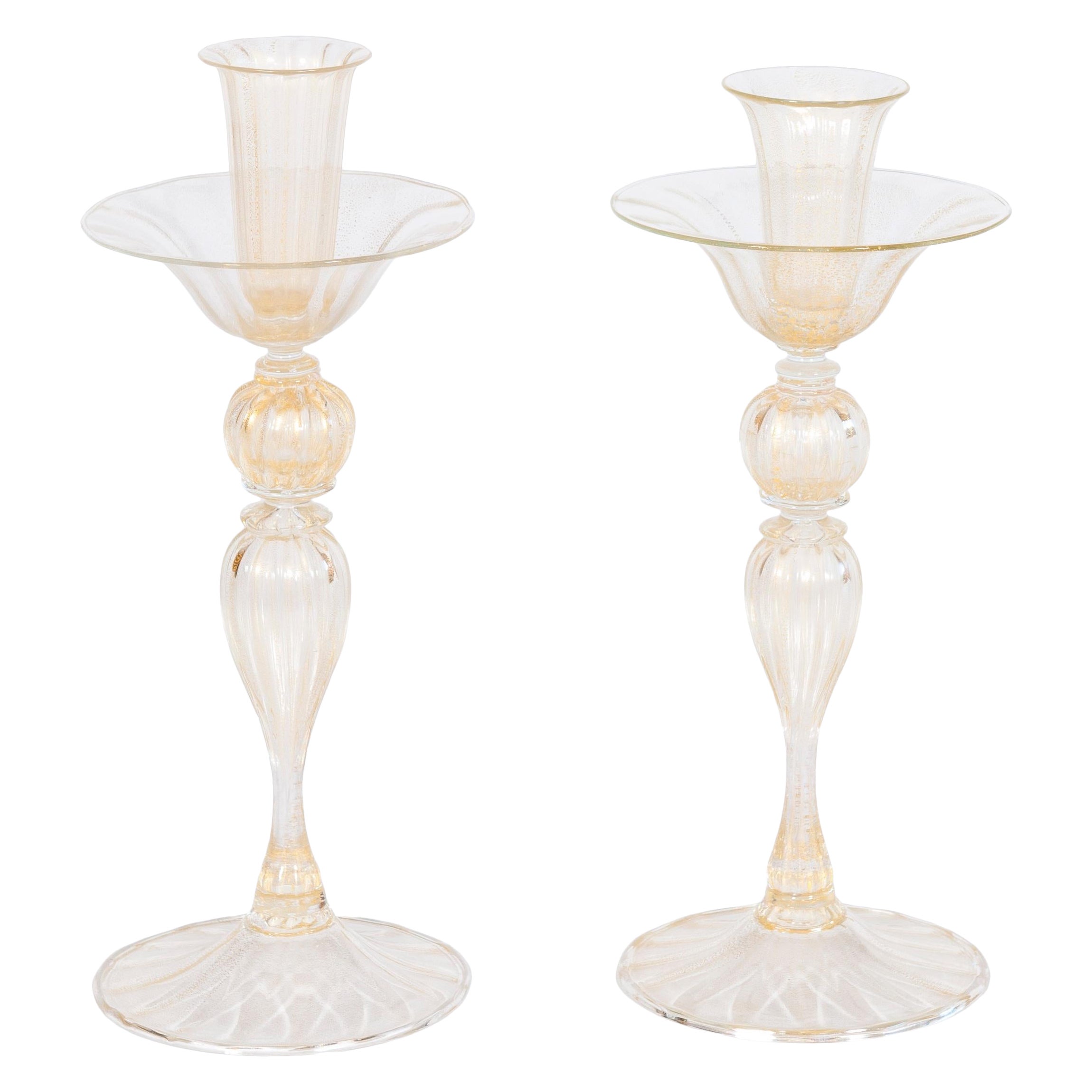 Murano Glass Candlestick in 24k Gold, Italy 1970s