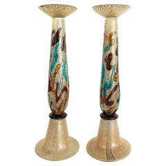Vintage Murano Glass Candlesticks with Brass Prickets, Signed Illegibly on Base, Pair