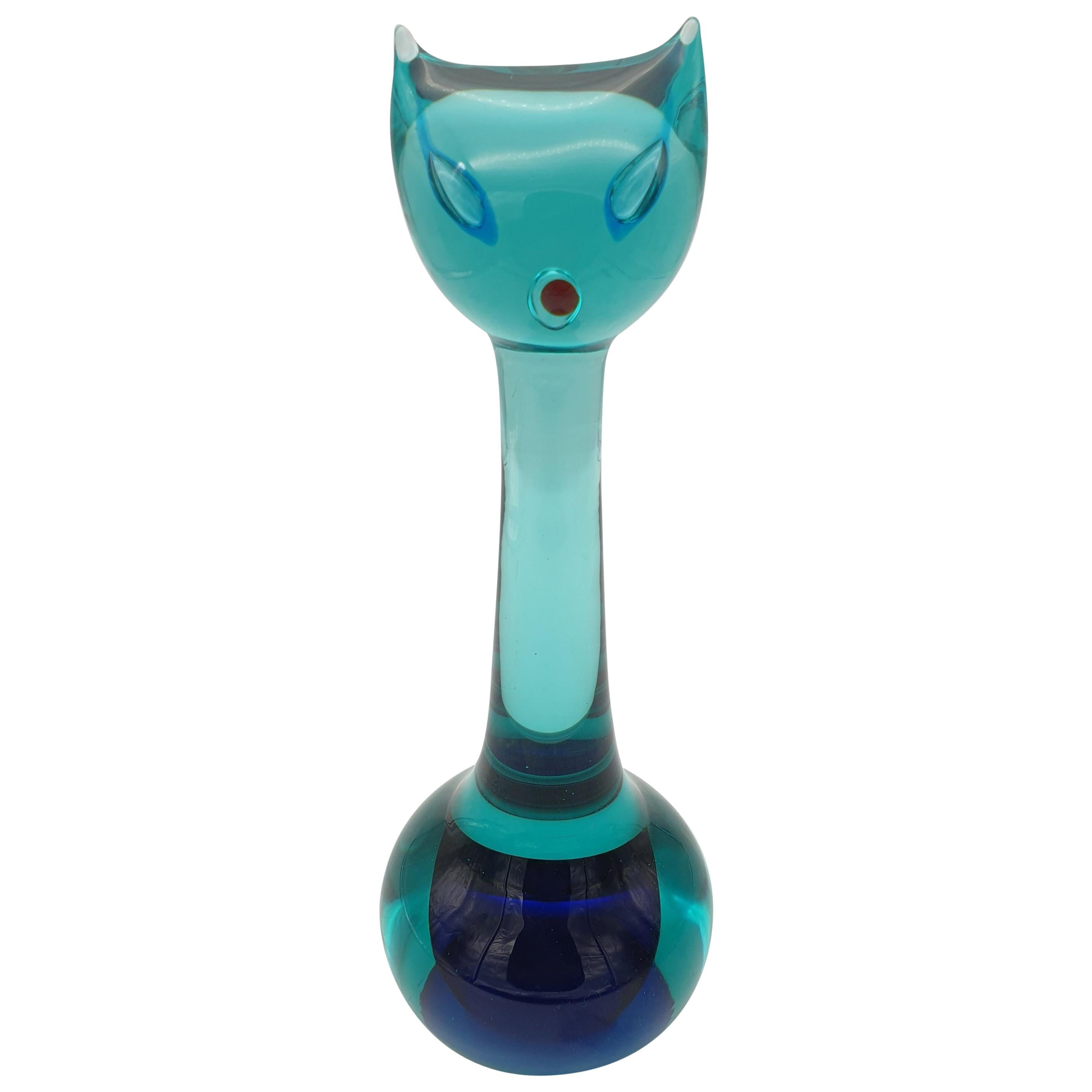 Murano Glass Cat by Gino Cenedese, Modern Green and Blue, Design Antonio Da Ros For Sale