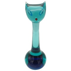 Retro Murano Glass Cat by Gino Cenedese, Modern Green and Blue, Design Antonio Da Ros