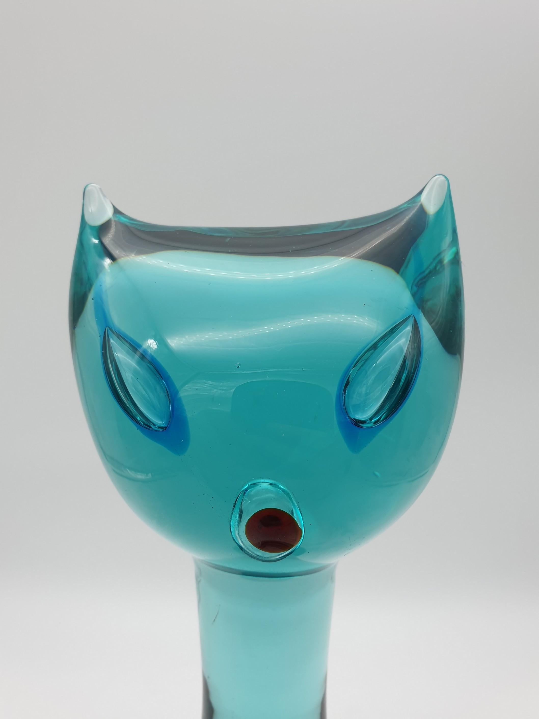 Hand-Crafted Murano Glass Cat by Gino Cenedese, Modern Green and Blue, Design Antonio Da Ros For Sale