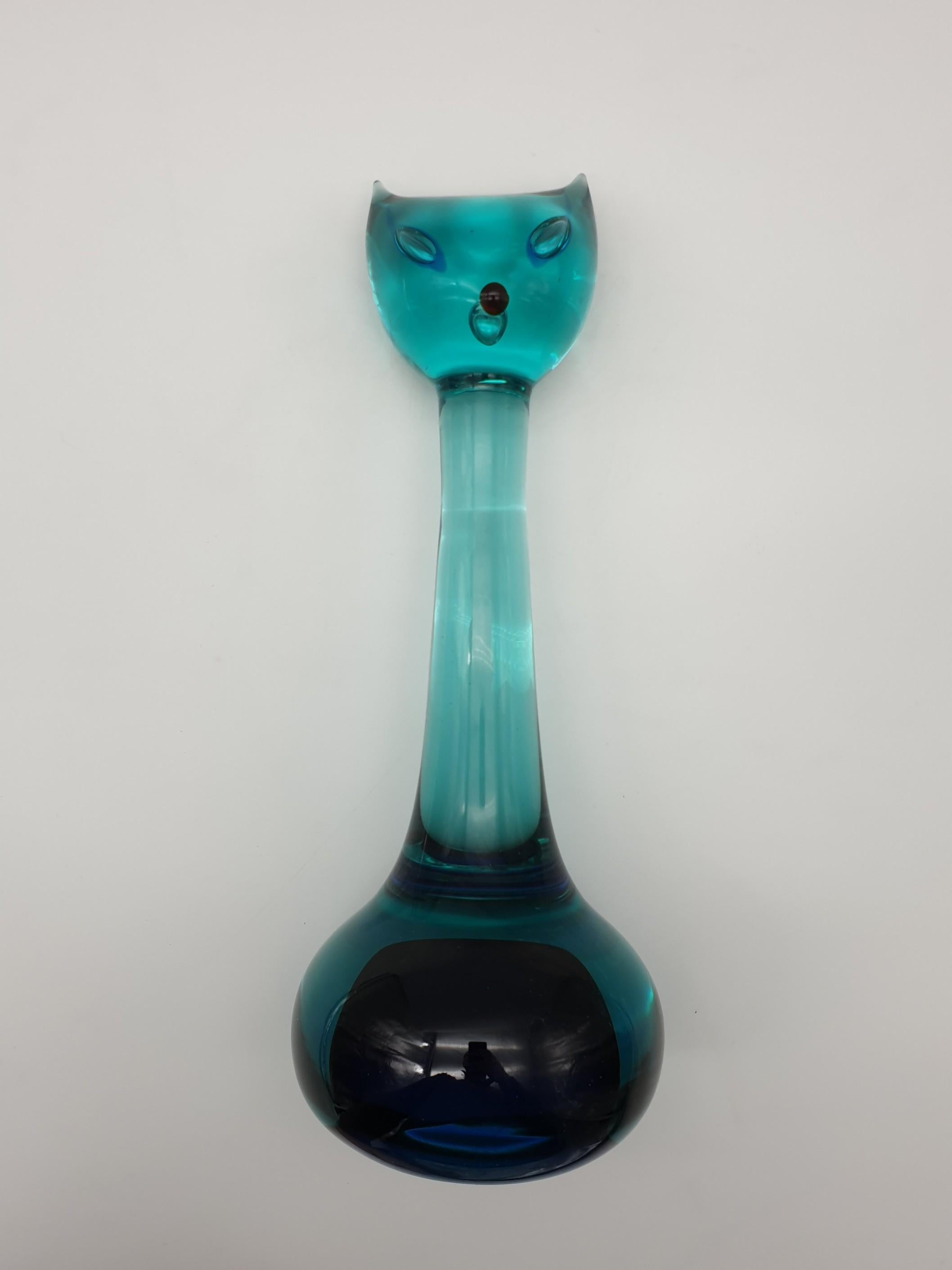 Murano Glass Cat by Gino Cenedese, Modern Green and Blue, Design Antonio Da Ros For Sale 1