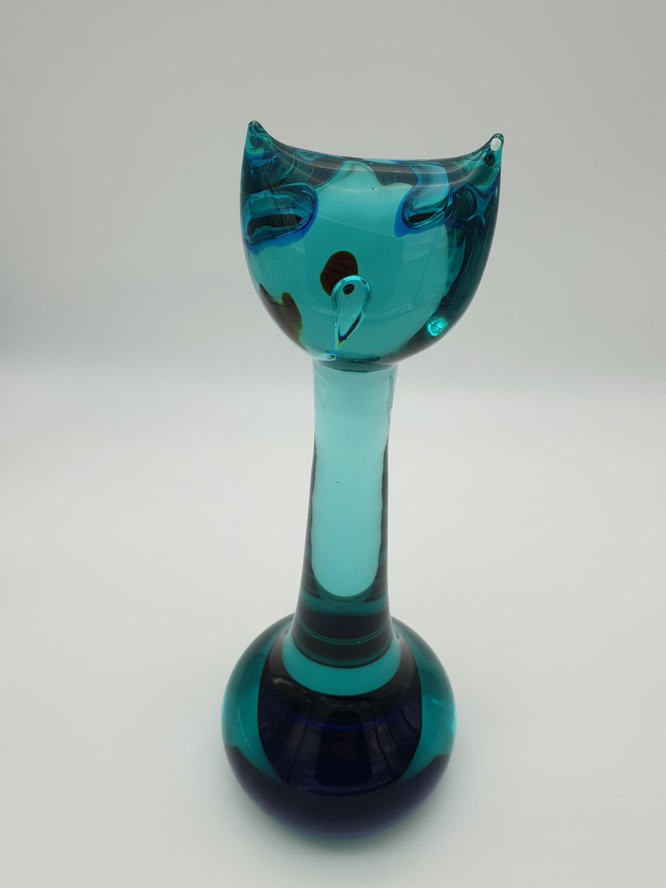 Murano Glass Cat by Gino Cenedese, Modern Green and Blue, Design Antonio Da Ros For Sale 3