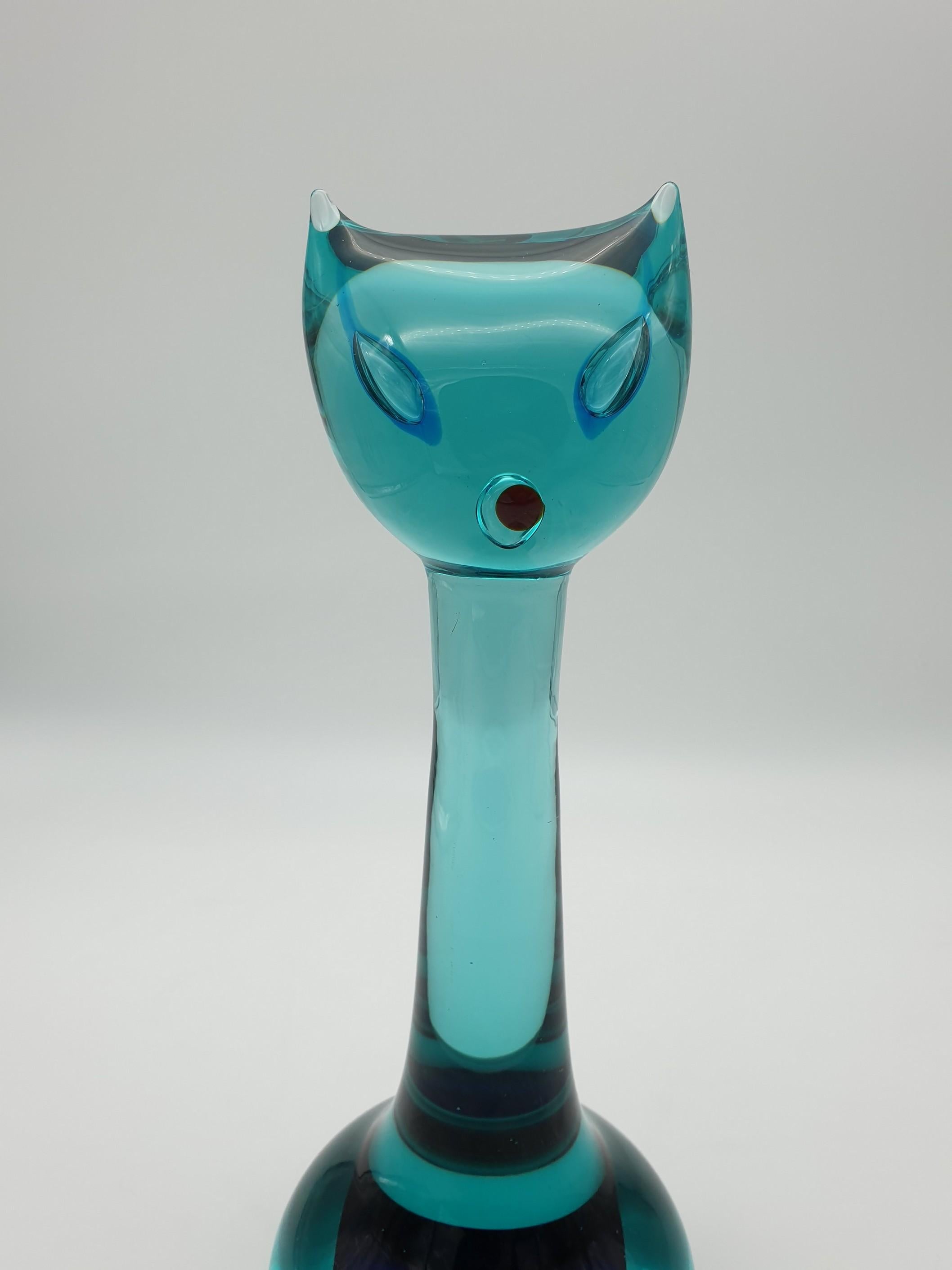 Murano Glass Cat by Gino Cenedese, Modern Green and Blue, Design Antonio Da Ros For Sale 4