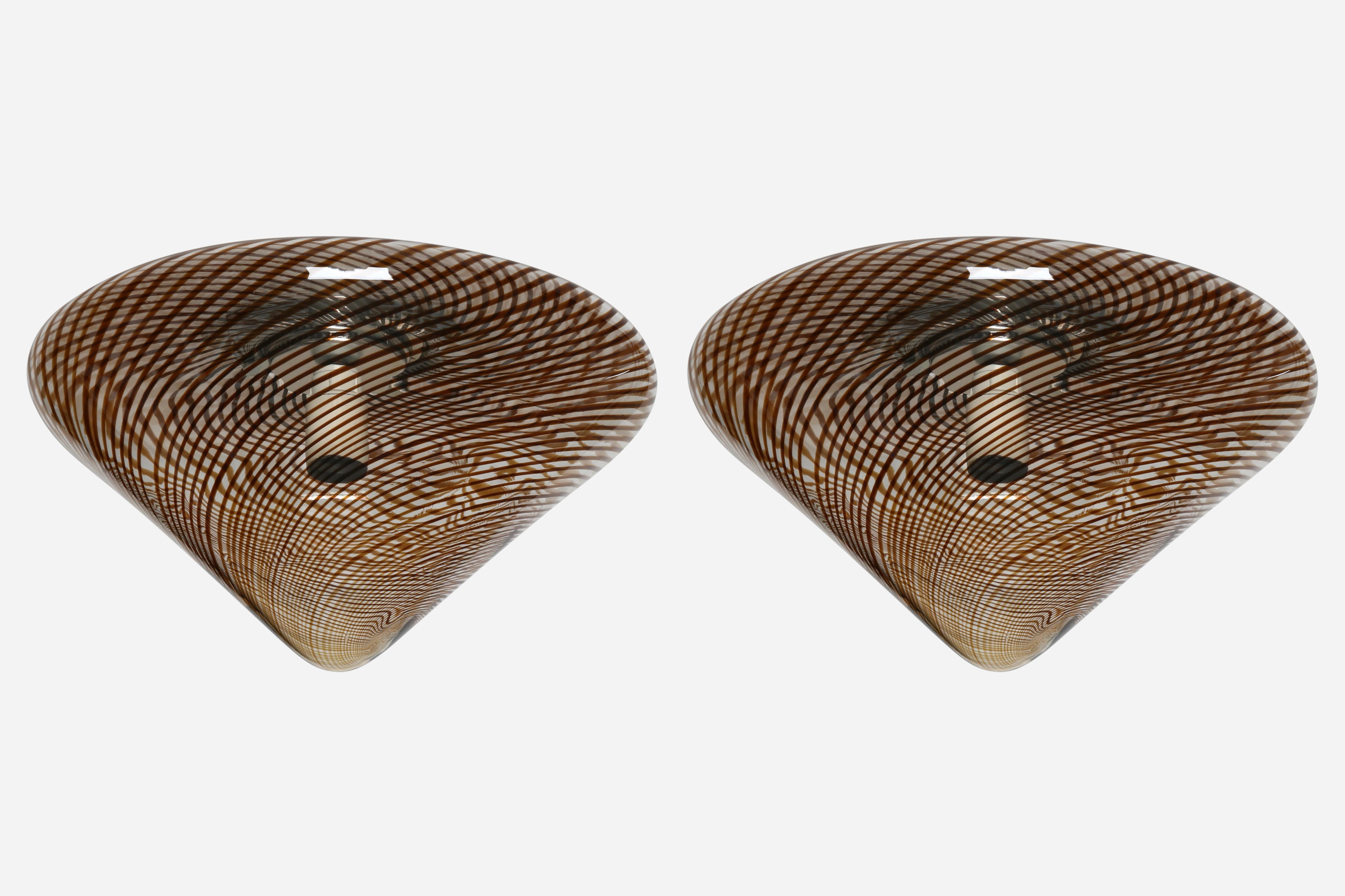 Murano glass ceiling flush mounts, a pair.
Italy 1960s
Hand blown glass, metal.
