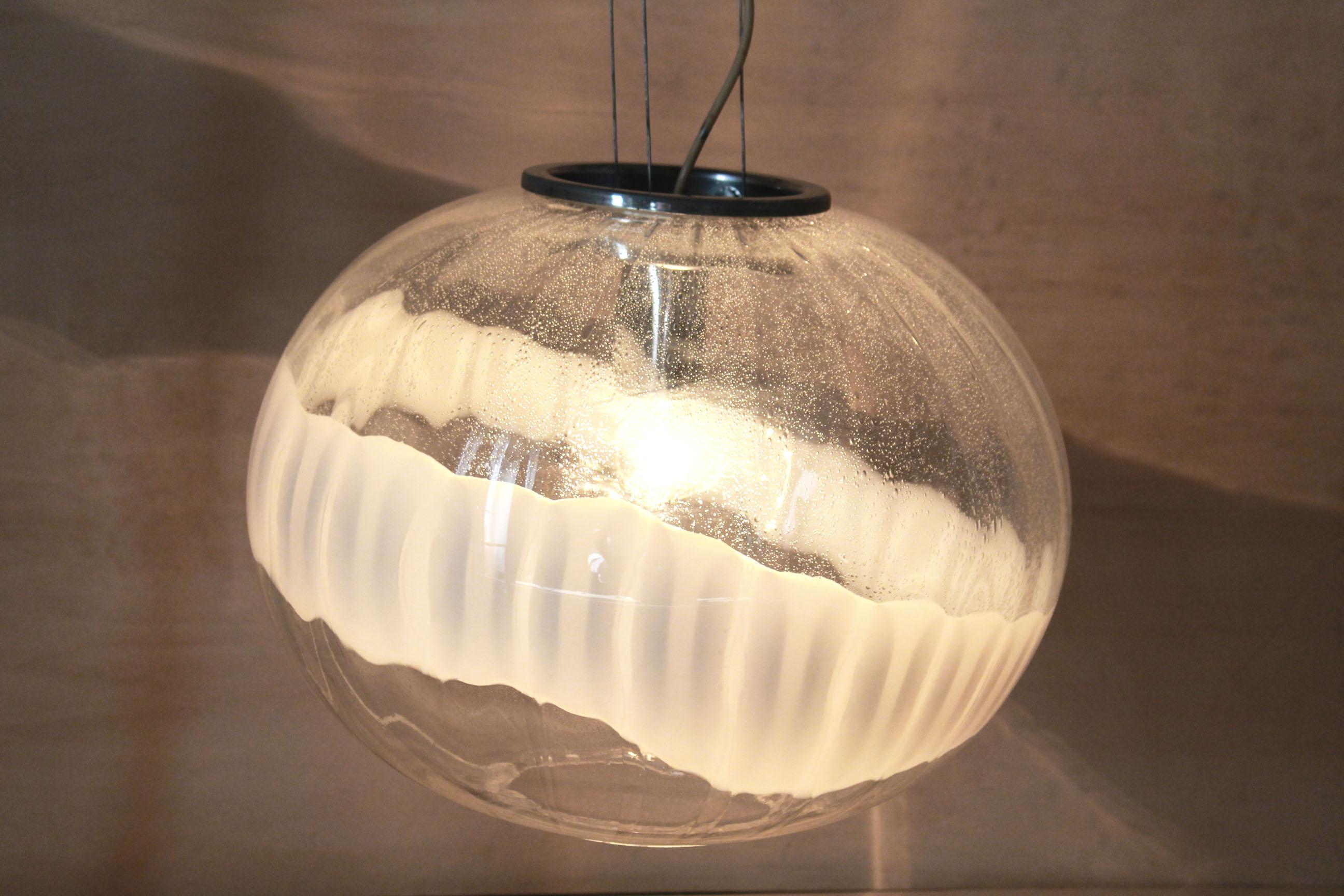 Italian 1970s Vintage Pendant Lamp in Murano Glass, White and Transparent Glass Globe