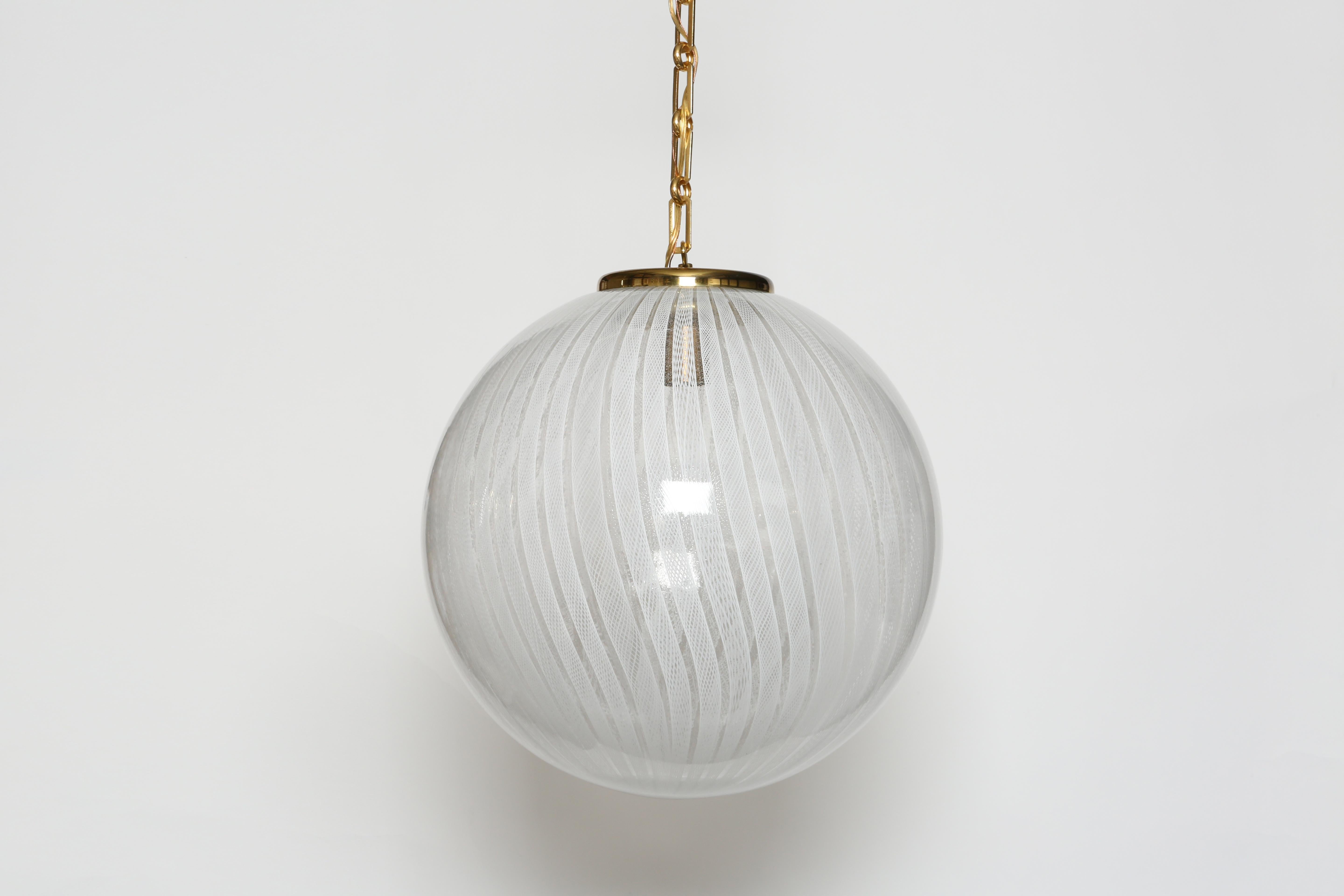 Brass Murano Glass Ceiling Pendant in Zanfirico Glass by Venini, Attributed For Sale