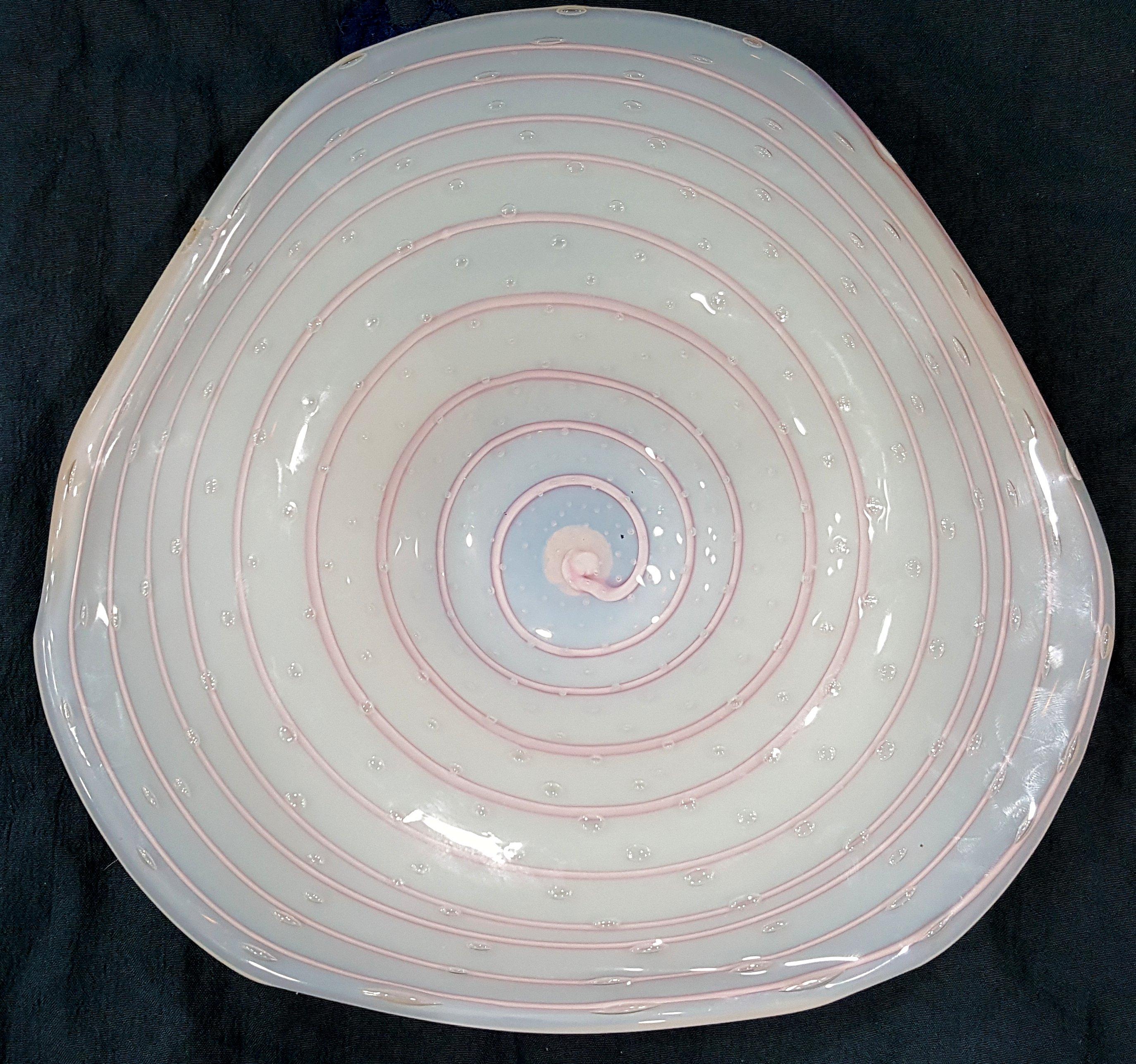 Murano Glass Centerpiece, Opaline White w/Pink Optic Swirl & Bullicante - Fratelli Toso (assumed). This piece still bears a large part of the original Murano Glass Made in Italy label on the underside, providing evidence of origin. There is one spot