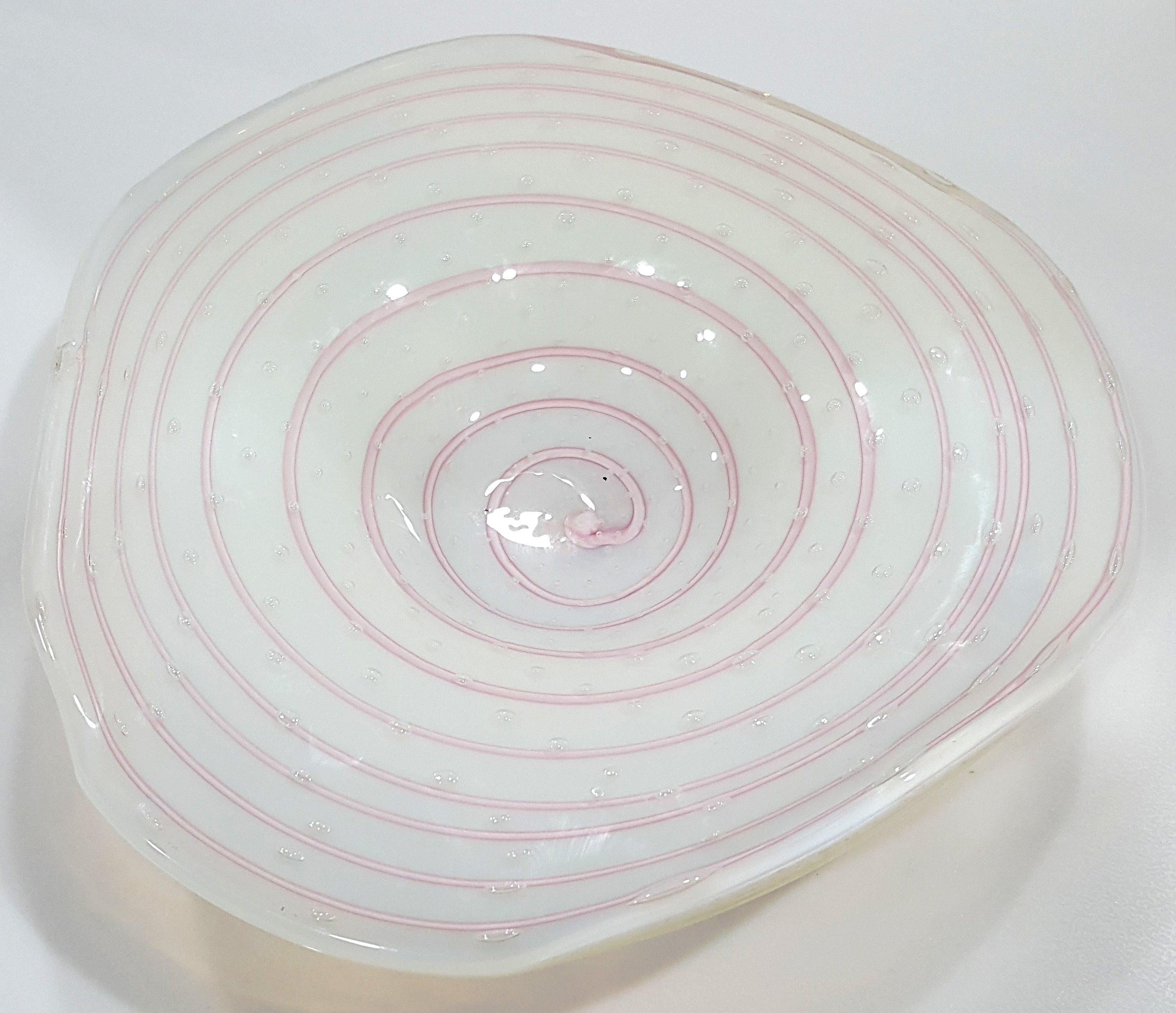 Mid-Century Modern Murano Glass Centerpiece, Opaline White w/Pink Optic Swirl & Bullicante - Toso