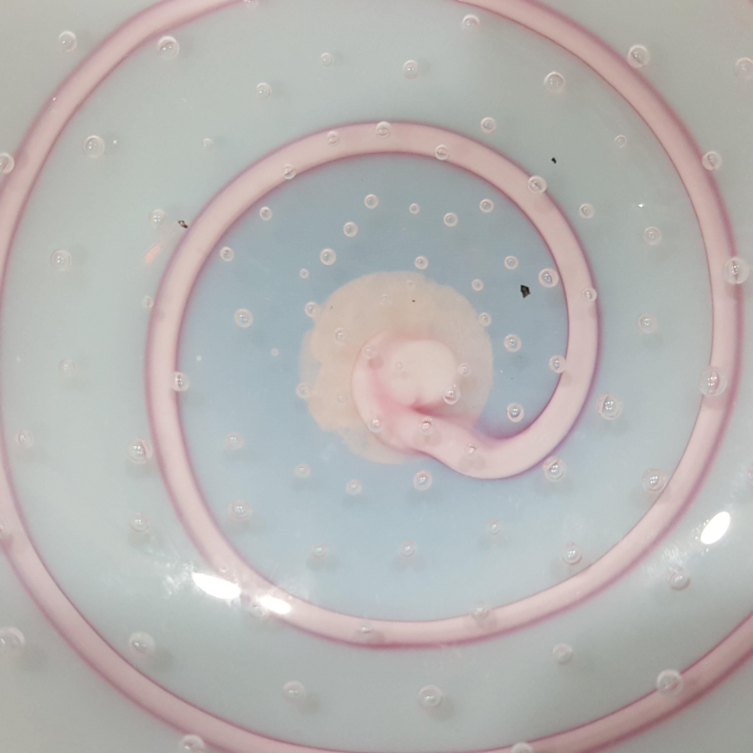 Italian Murano Glass Centerpiece, Opaline White w/Pink Optic Swirl & Bullicante - Toso