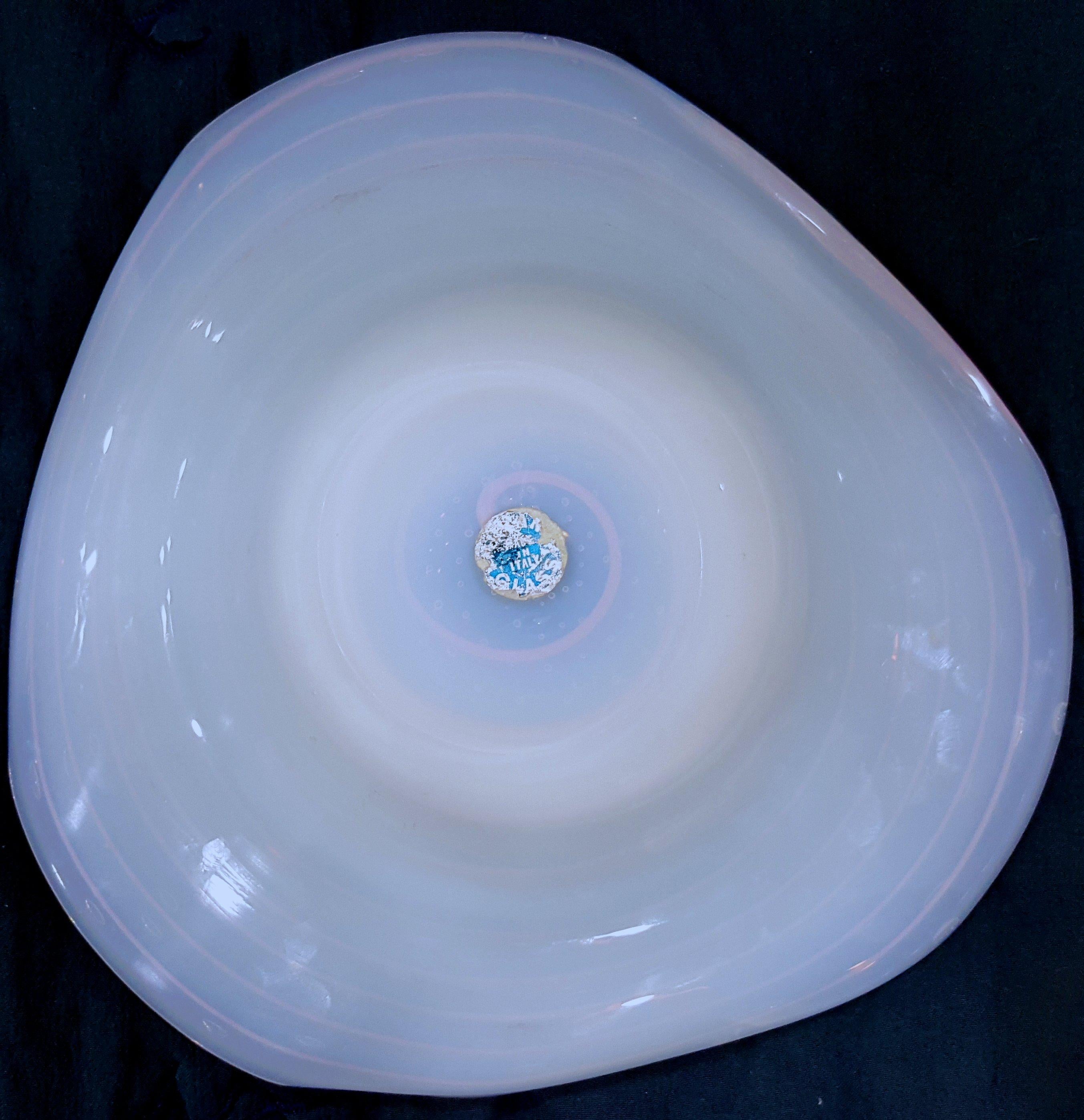 Art Glass Murano Glass Centerpiece, Opaline White w/Pink Optic Swirl & Bullicante - Toso