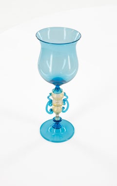 Murano Glass Chalice Goblet in Aquamarine and Aventurine Gold Dust, 1980