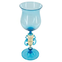 Murano Glass Chalice Goblet in Aquamarine and Aventurine Gold Dust, 1980