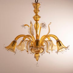 Lampadario in vetro di Murano Ambra e trasparente a 5 luci, Vintage Made in Italy In magazzino