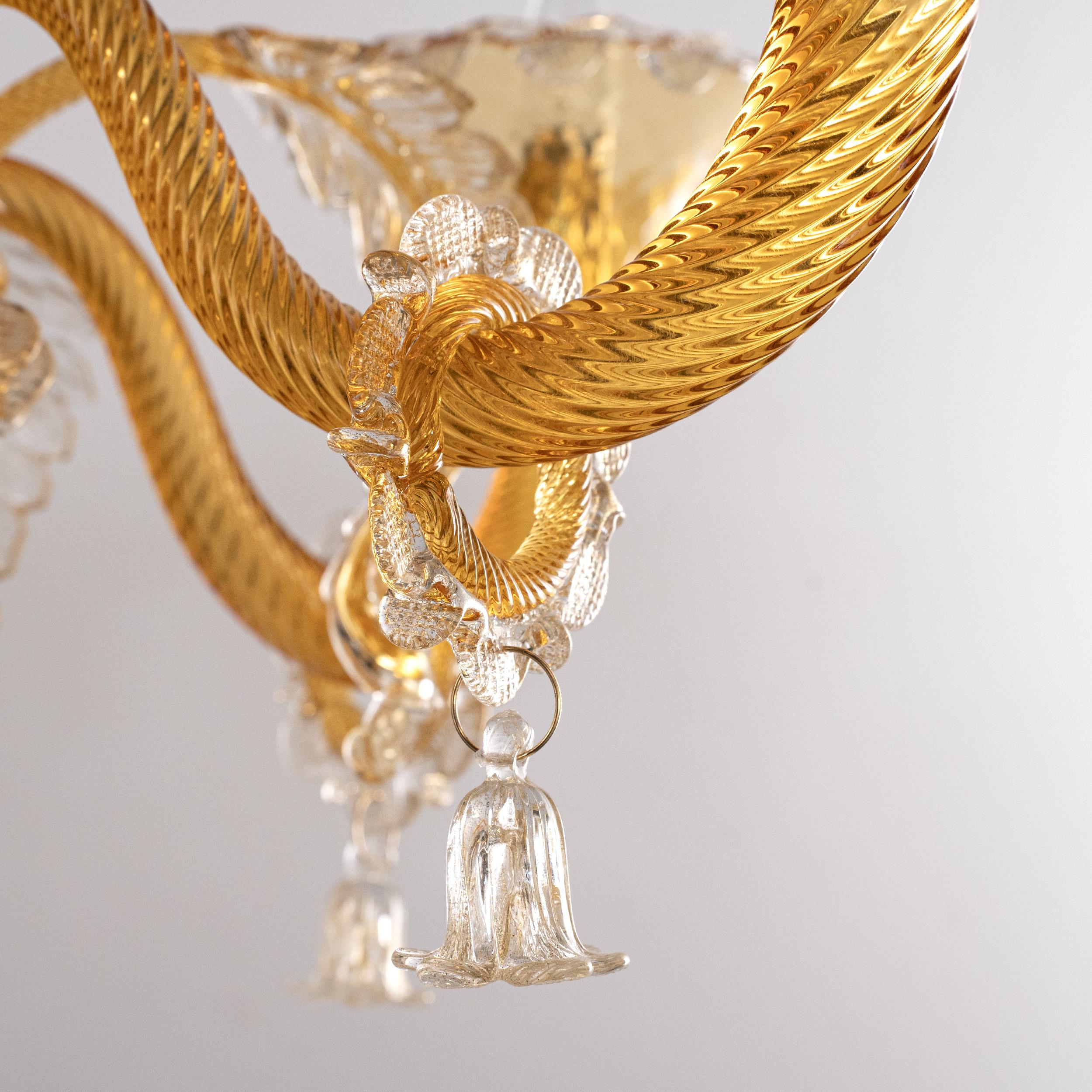 Ottone Lampadario in vetro di Murano ambrato e trasparente a 5 luci, Vintage Made in Italy in Stock in vendita