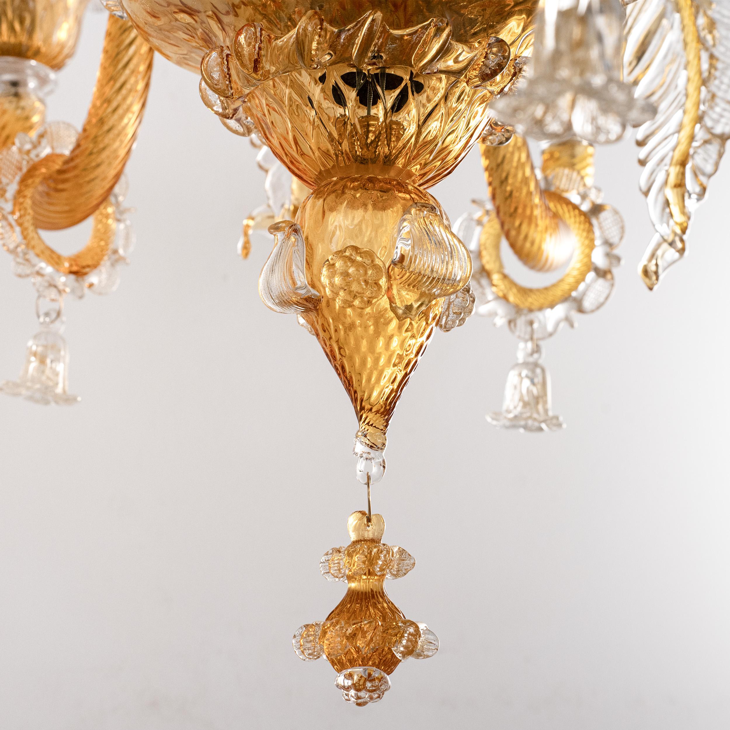 Lampadario in vetro di Murano ambrato e trasparente a 5 luci, Vintage Made in Italy in Stock in vendita 1