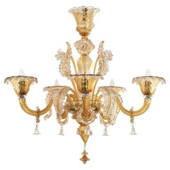 Lampadario in vetro di Murano ambrato e trasparente a 5 luci, Vintage Made in Italy in Stock