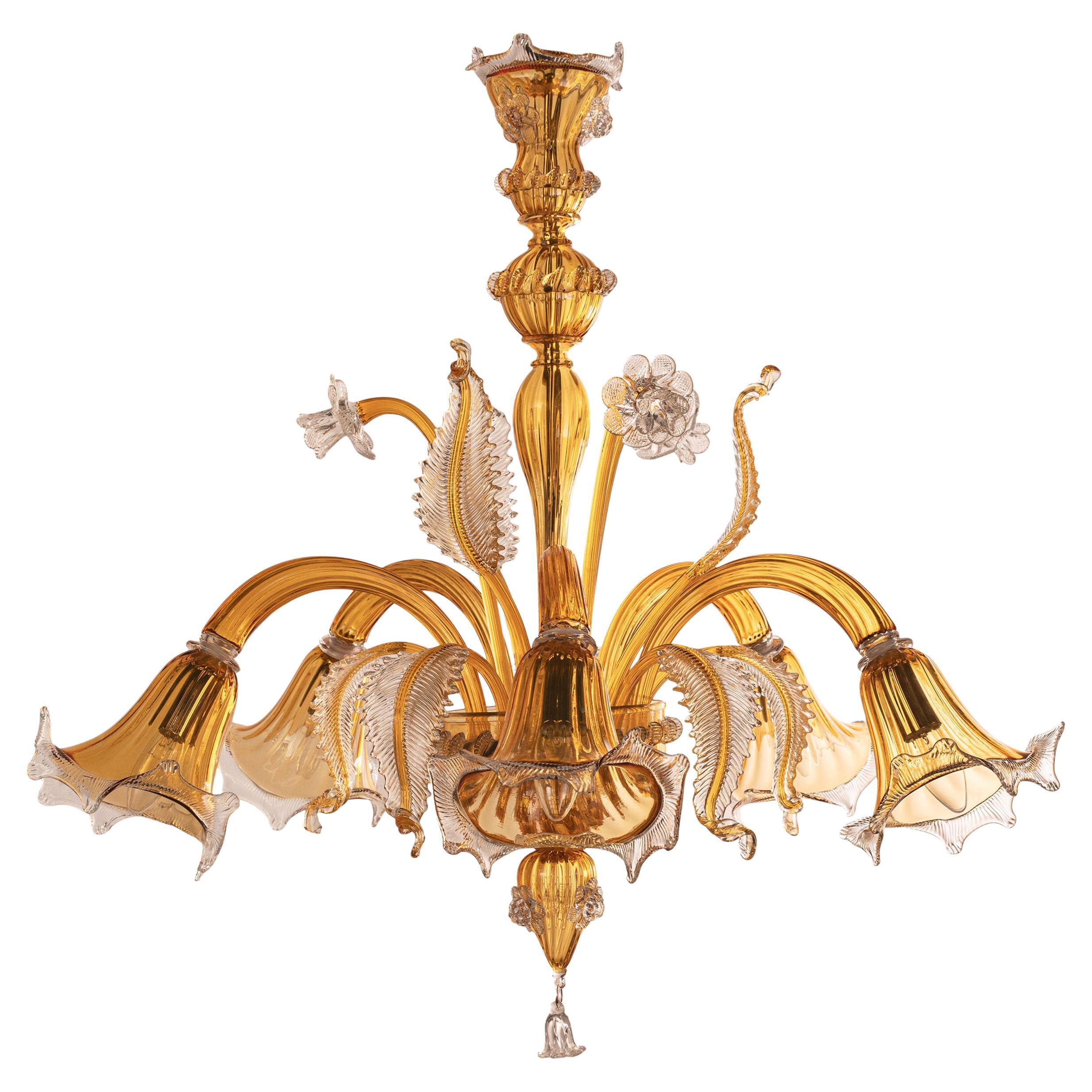 Lampadario in vetro di Murano Ambra e trasparente a 5 luci, Vintage Made in Italy In magazzino in vendita