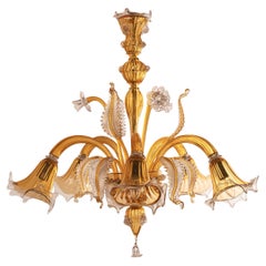 Murano glass chandelier Amber and clear 5 lights, Vintage Made in Italy In stock