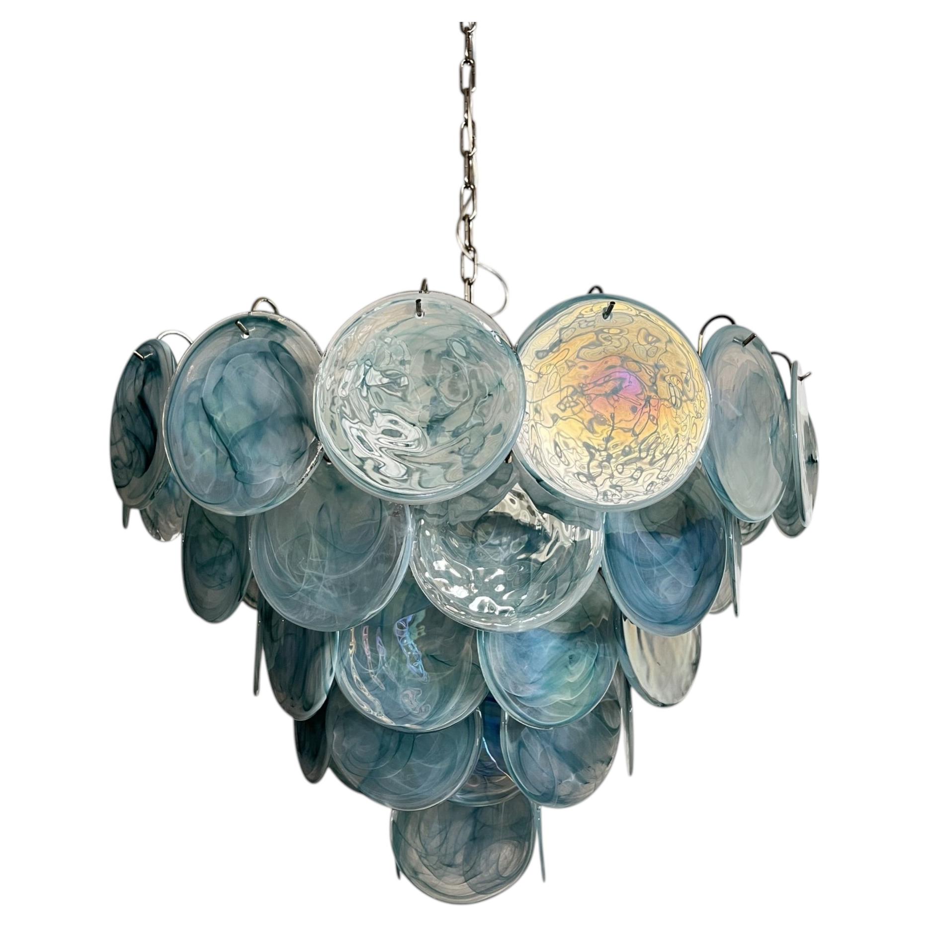 Murano Glass Chandelier, Cascading Disc Design in Blue & Smoky Tones