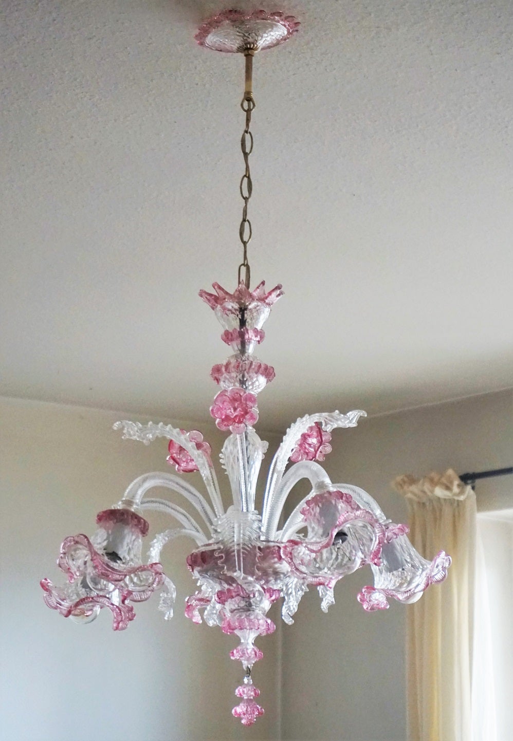 Lampadario in vetro di Murano in vetro soffiato rosa e trasparente, Italia