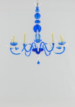 Murano Glass Chandelier Cobalt & Crystal, Hand-Formed Candlestick Design 21st