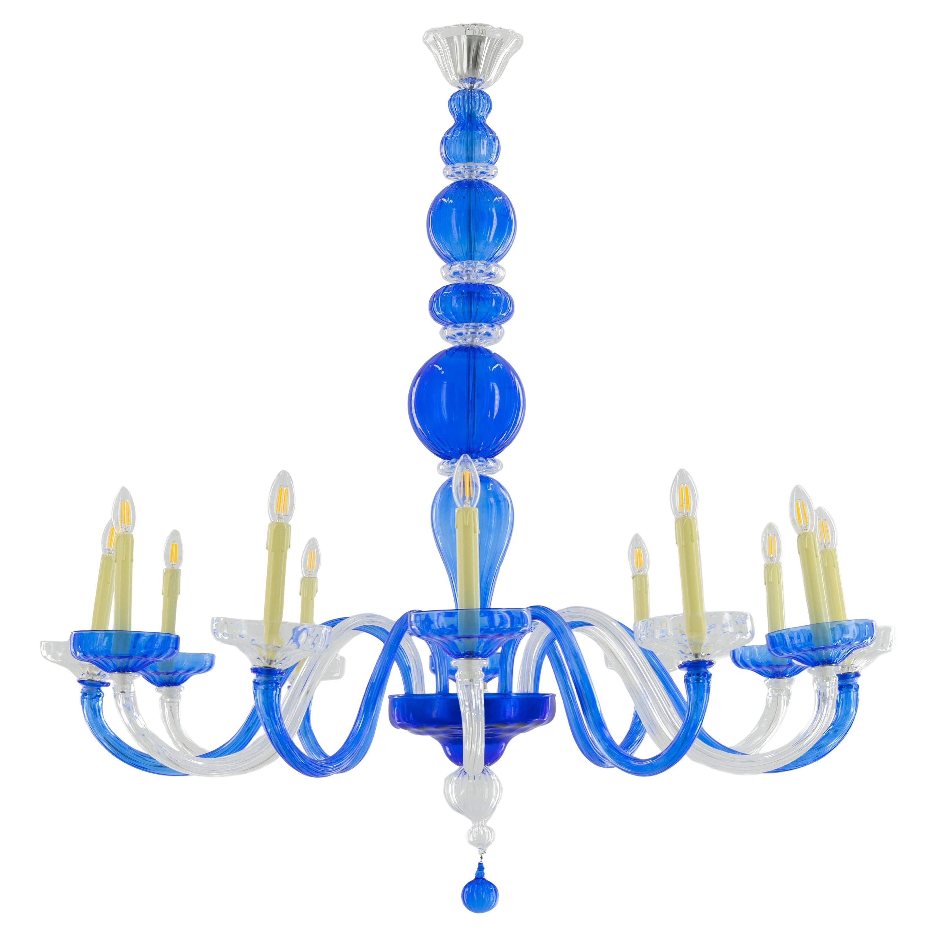 Murano Glass Chandelier Cobalt & Crystal, Hand-Formed Candlestick Design 21st