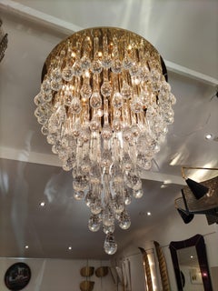 Murano Glass Chandelier Golden Brass and Crystal Drops