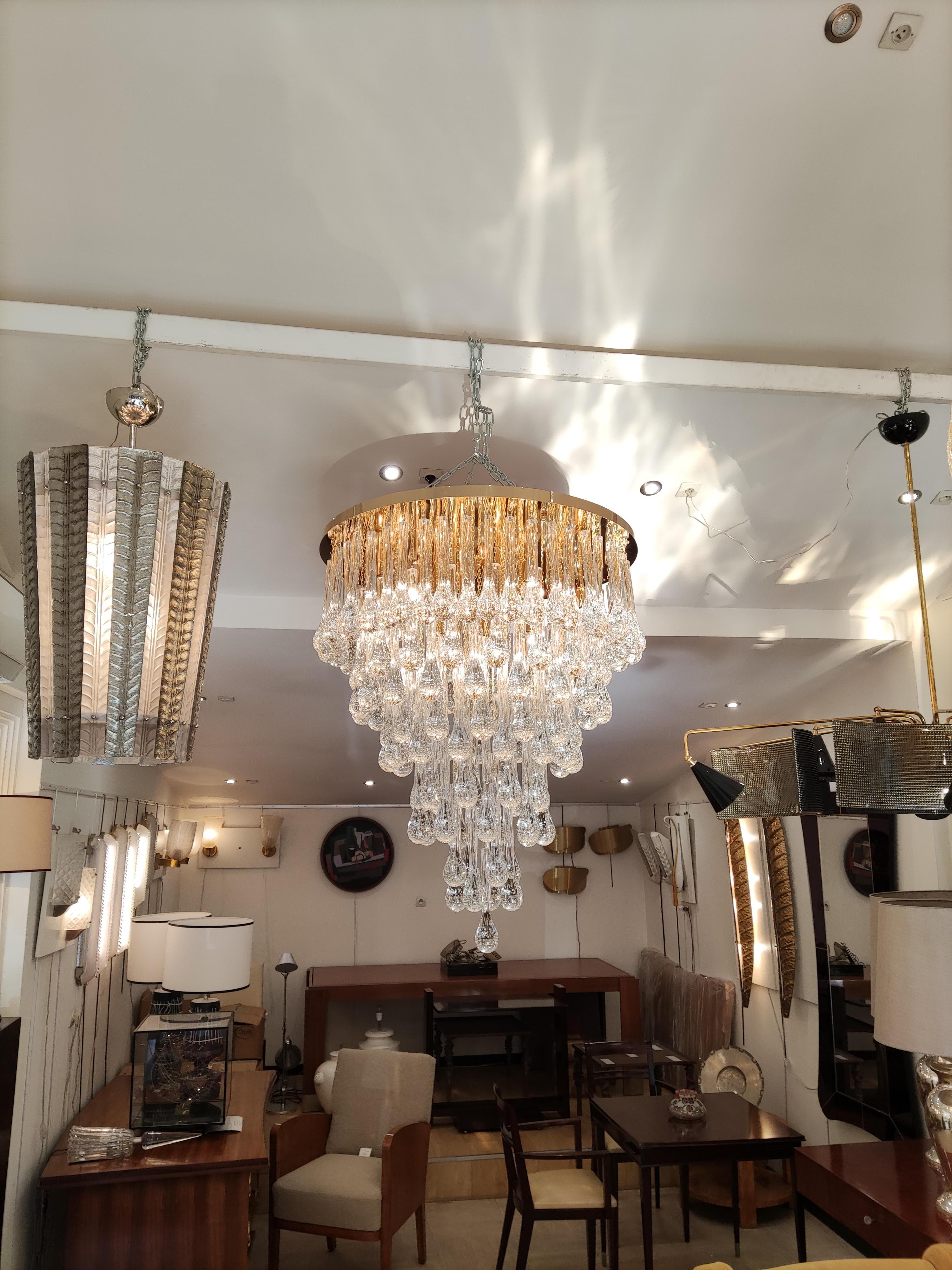 Italian Murano Glass Chandelier Golden Brass and Crystal Drops For Sale