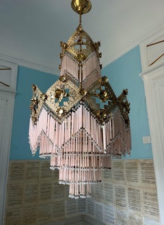 Lampadario in vetro di Murano rosa pallido Italia anni '70 stile Hollywood Regency