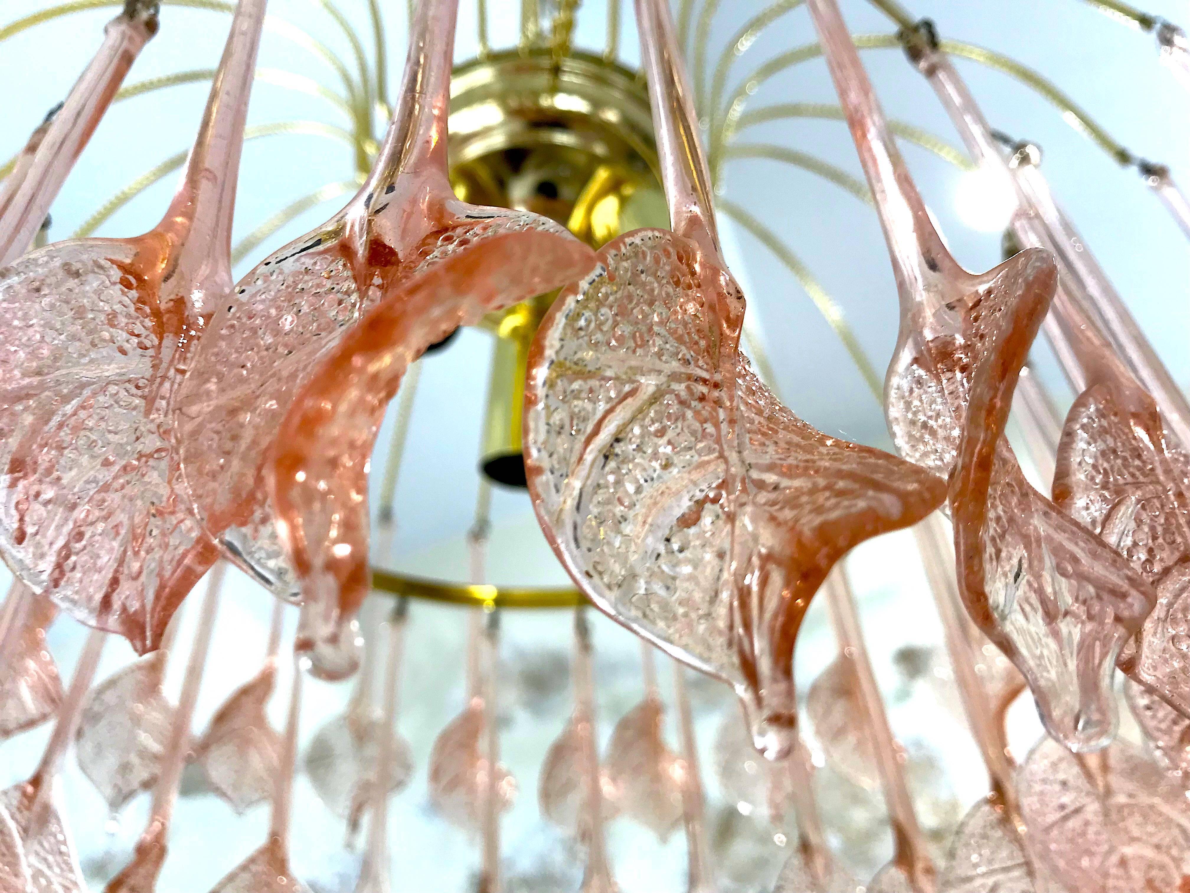 Mid-Century Modern Murano mid-century Chandelier glass Pink Blossom Gilt Frame, 1970s For Sale