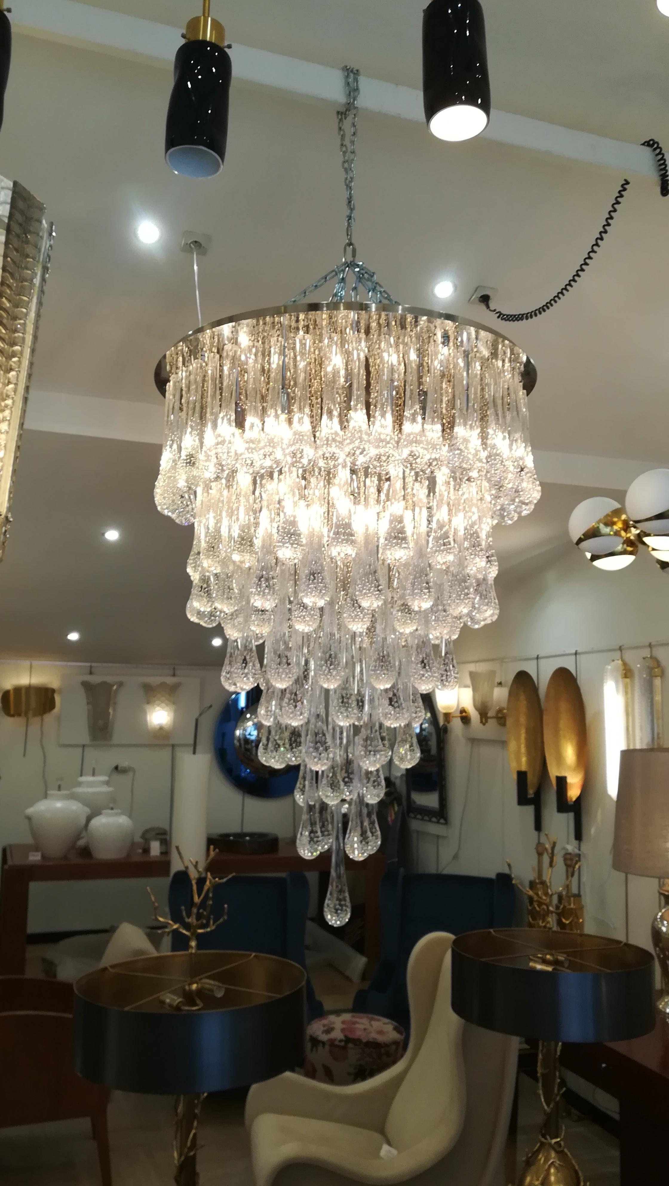 Murano Glass Chandelier Polished Steel and Crystal Drops 2