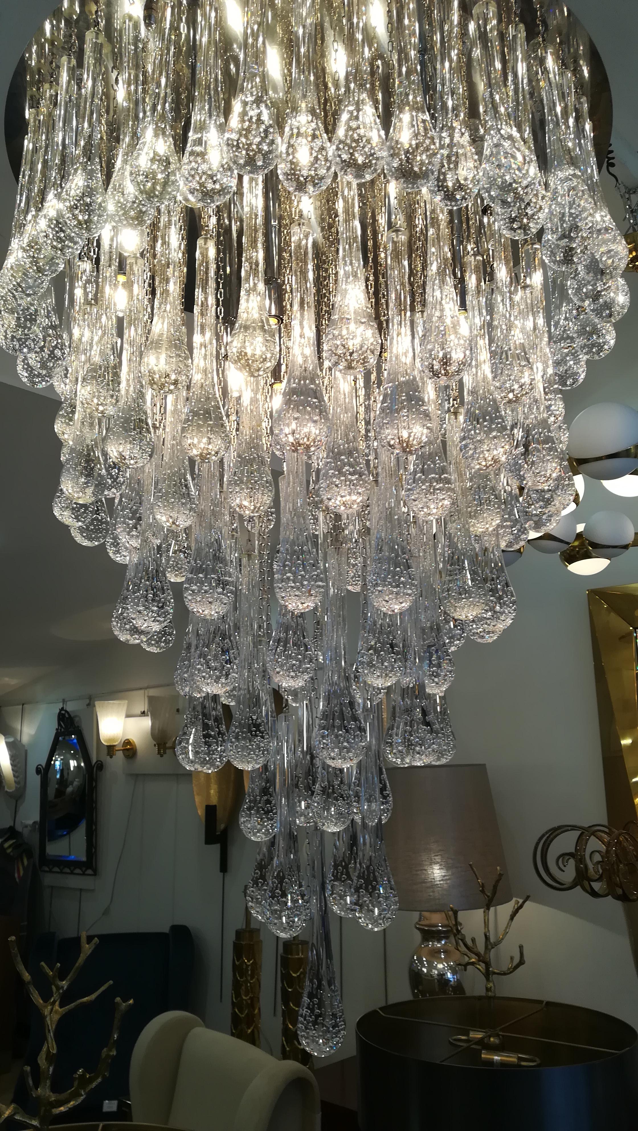 Murano Glass Chandelier Polished Steel and Crystal Drops 3