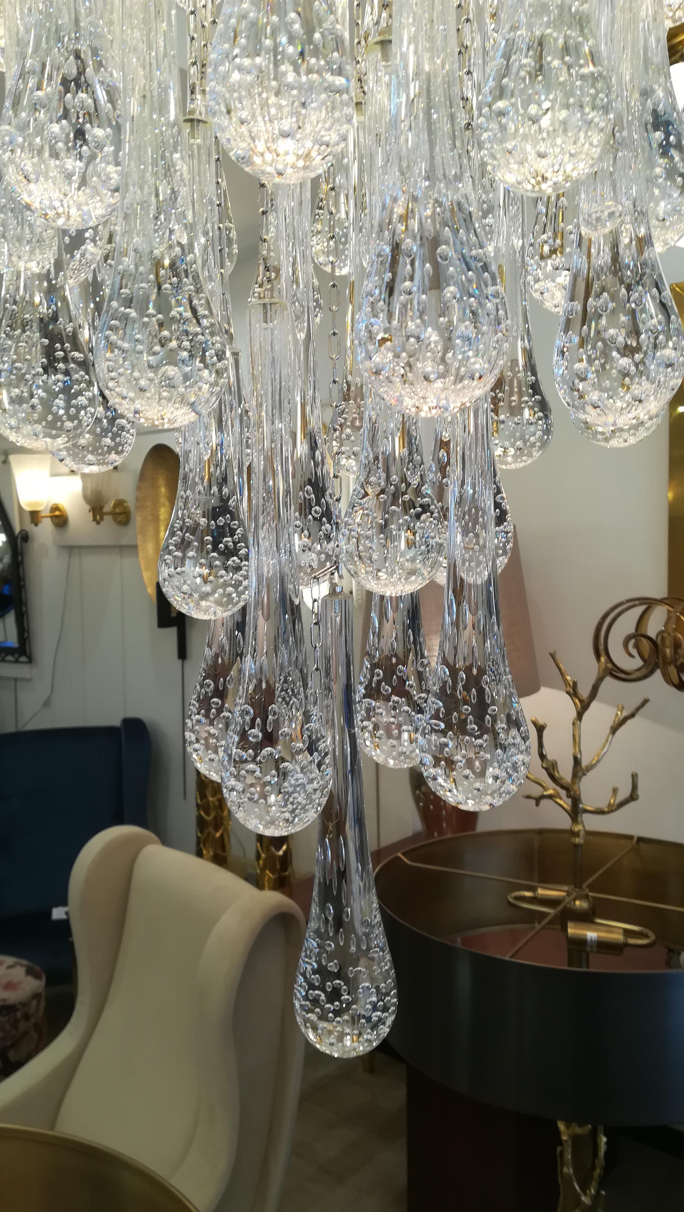Murano Glass Chandelier Polished Steel and Crystal Drops 4