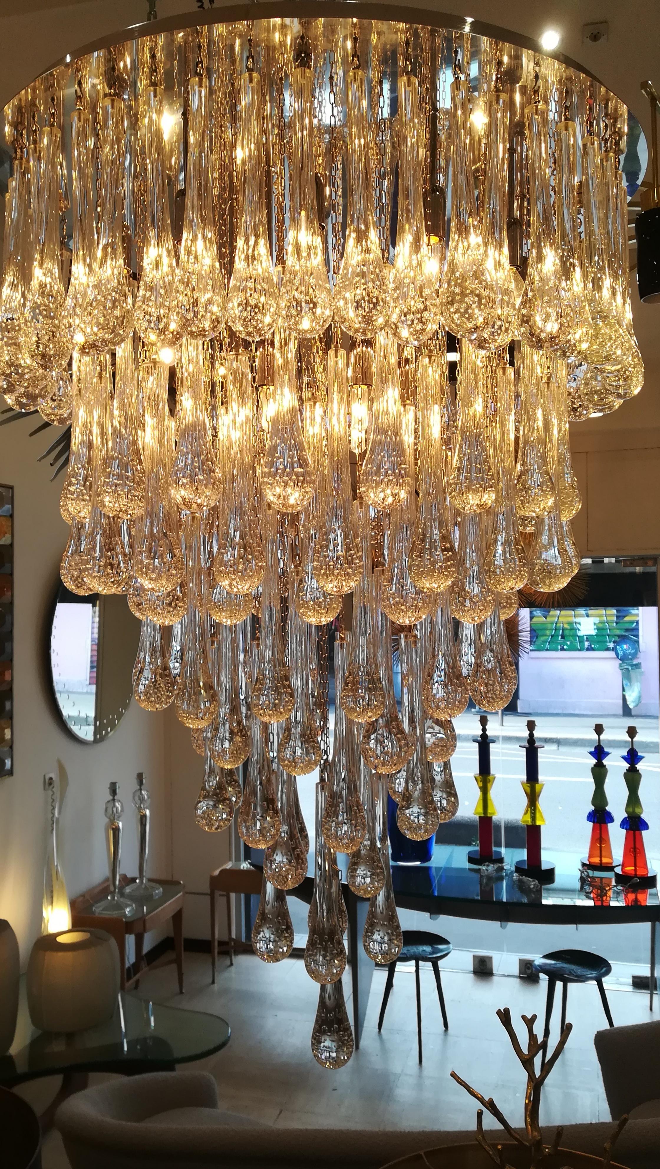 Murano Glass Chandelier Polished Steel and Crystal Drops 6