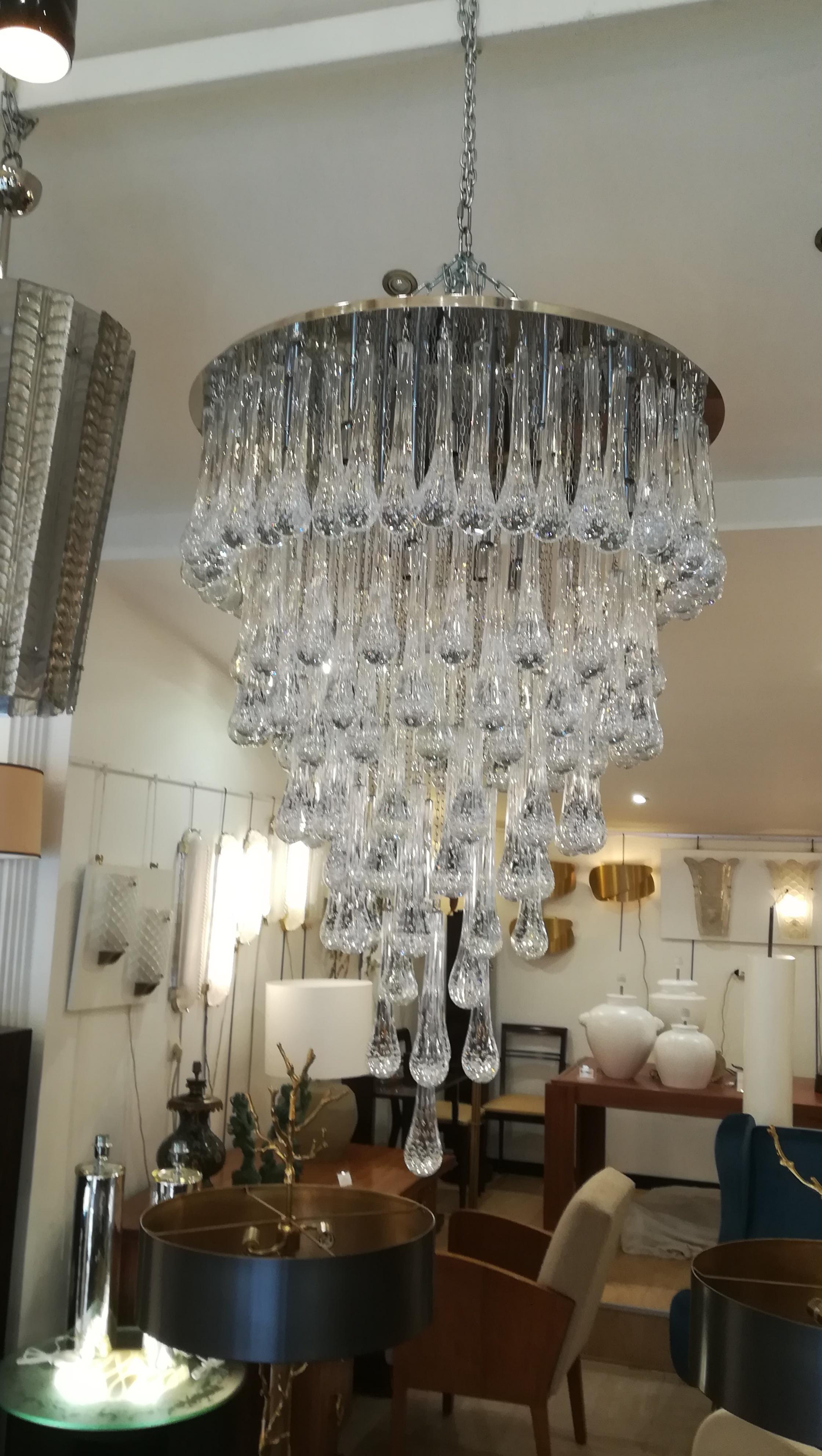 Murano Glass Chandelier Polished Steel and Crystal Drops In Excellent Condition In Saint-Ouen, FR