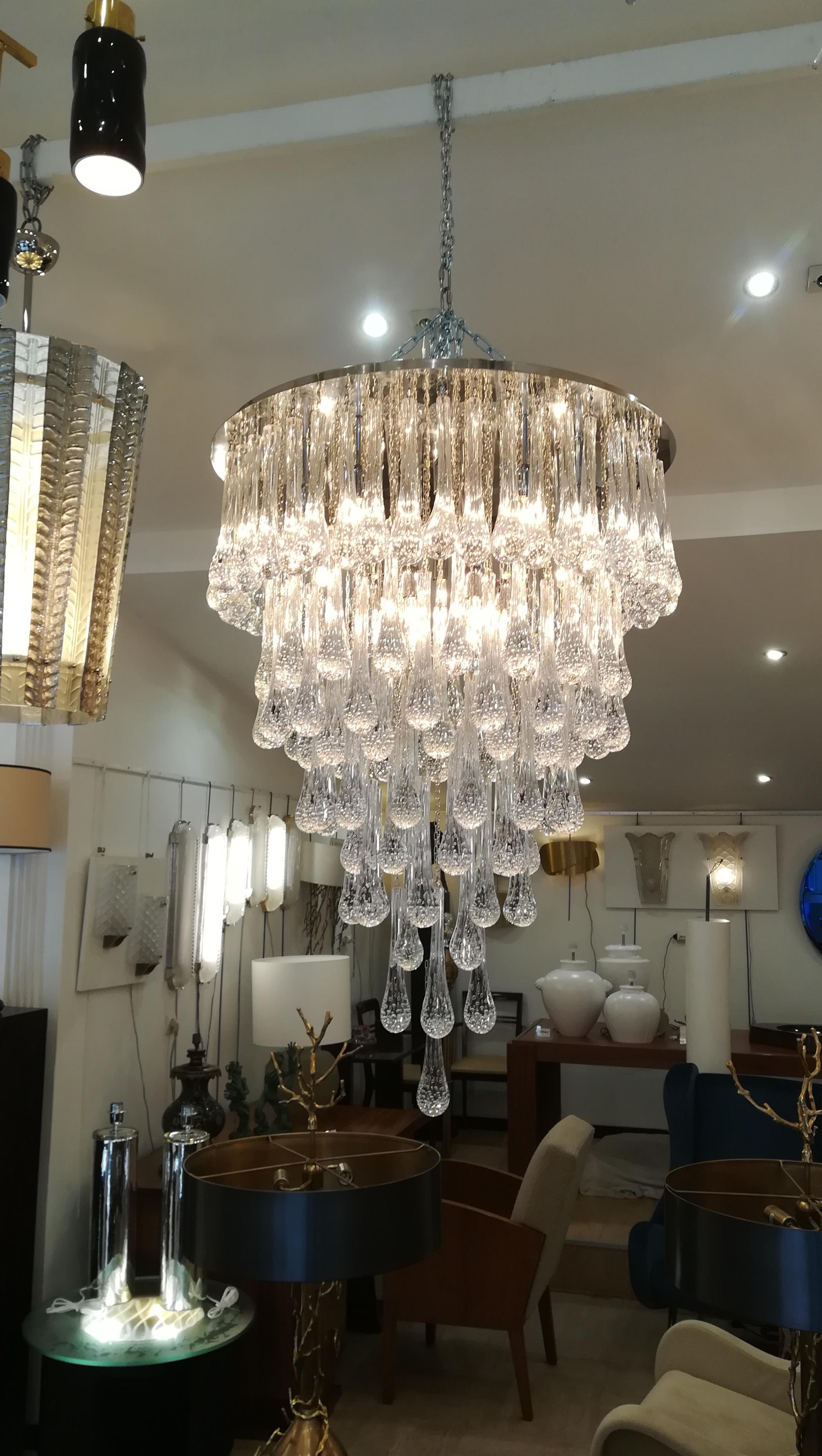20th Century Murano Glass Chandelier Polished Steel and Crystal Drops