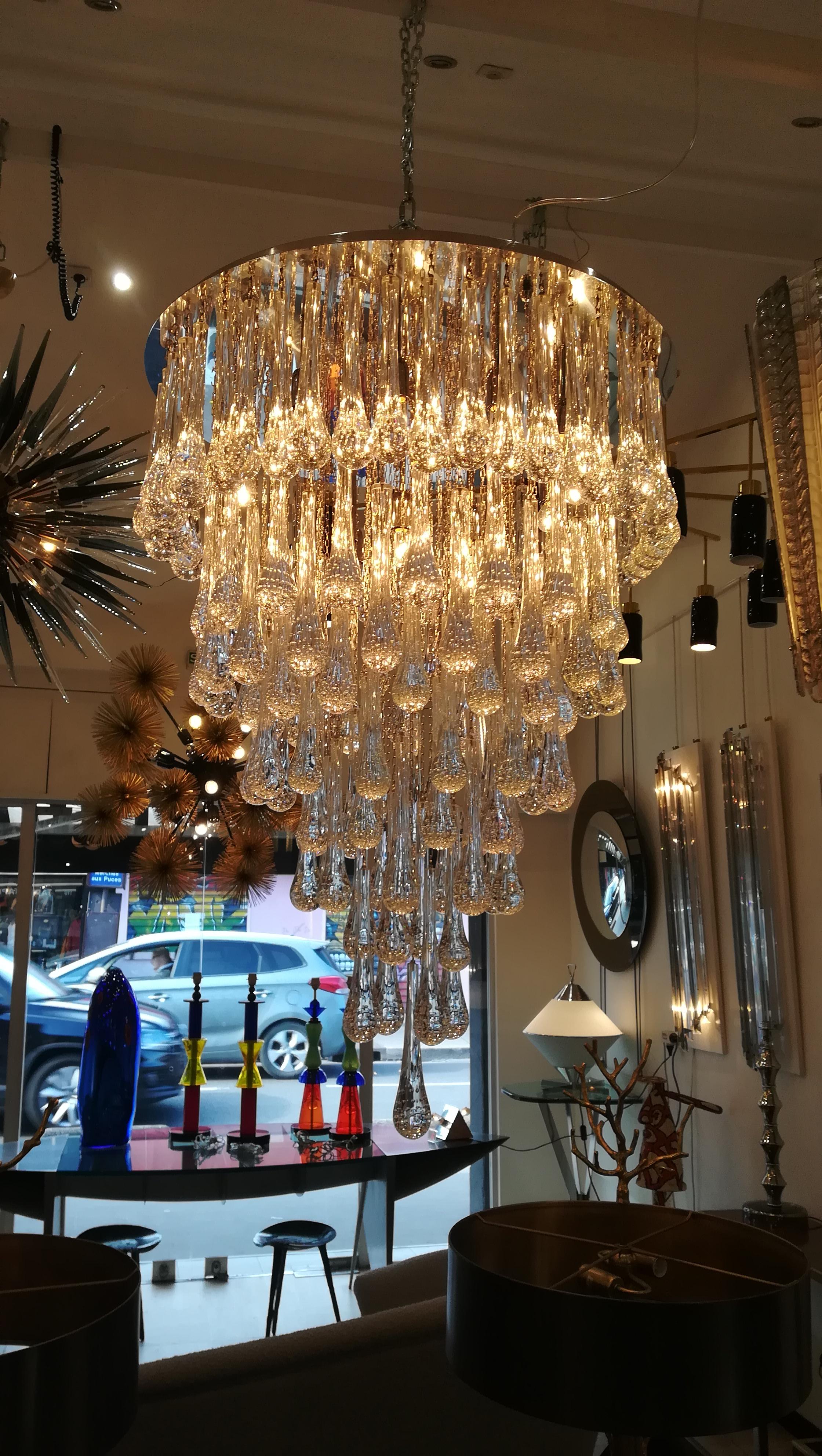 Metal Murano Glass Chandelier Polished Steel and Crystal Drops