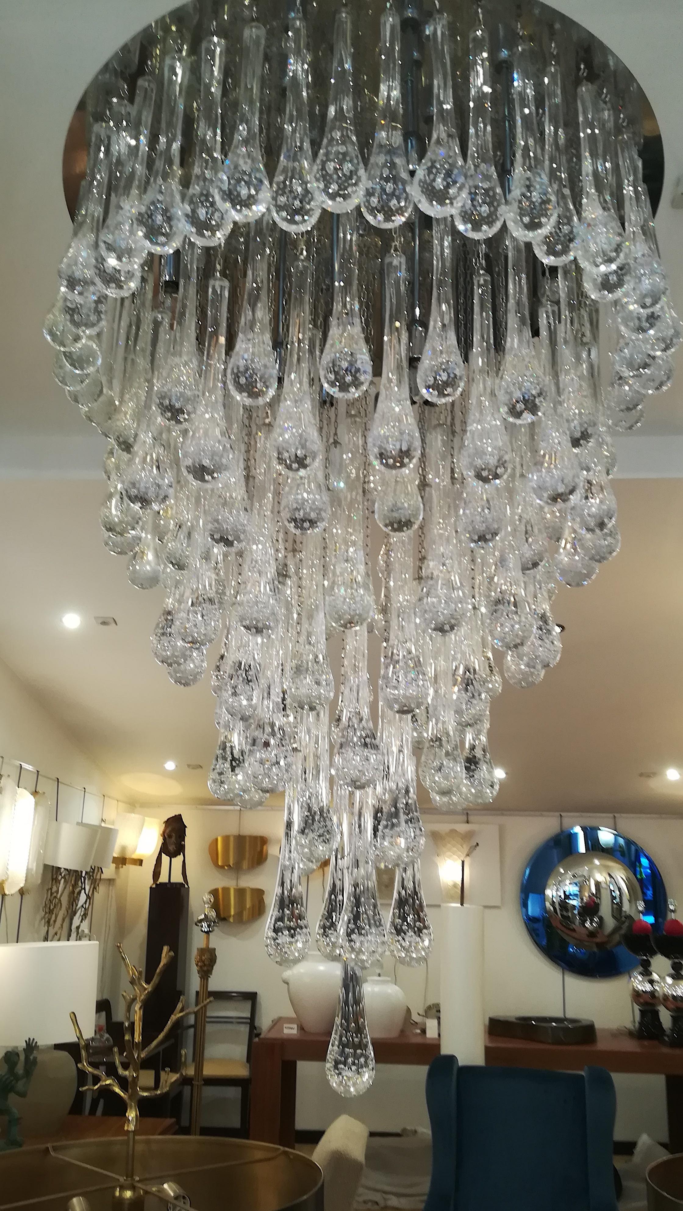 Murano Glass Chandelier Polished Steel and Crystal Drops 1