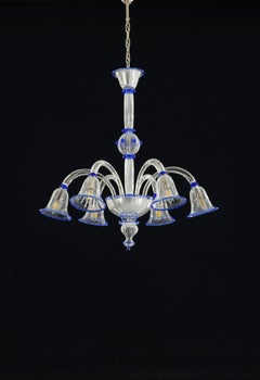 Murano Glass Chandelier, Sapphire Accents & Delicate Floral Forms, Venetian 21st