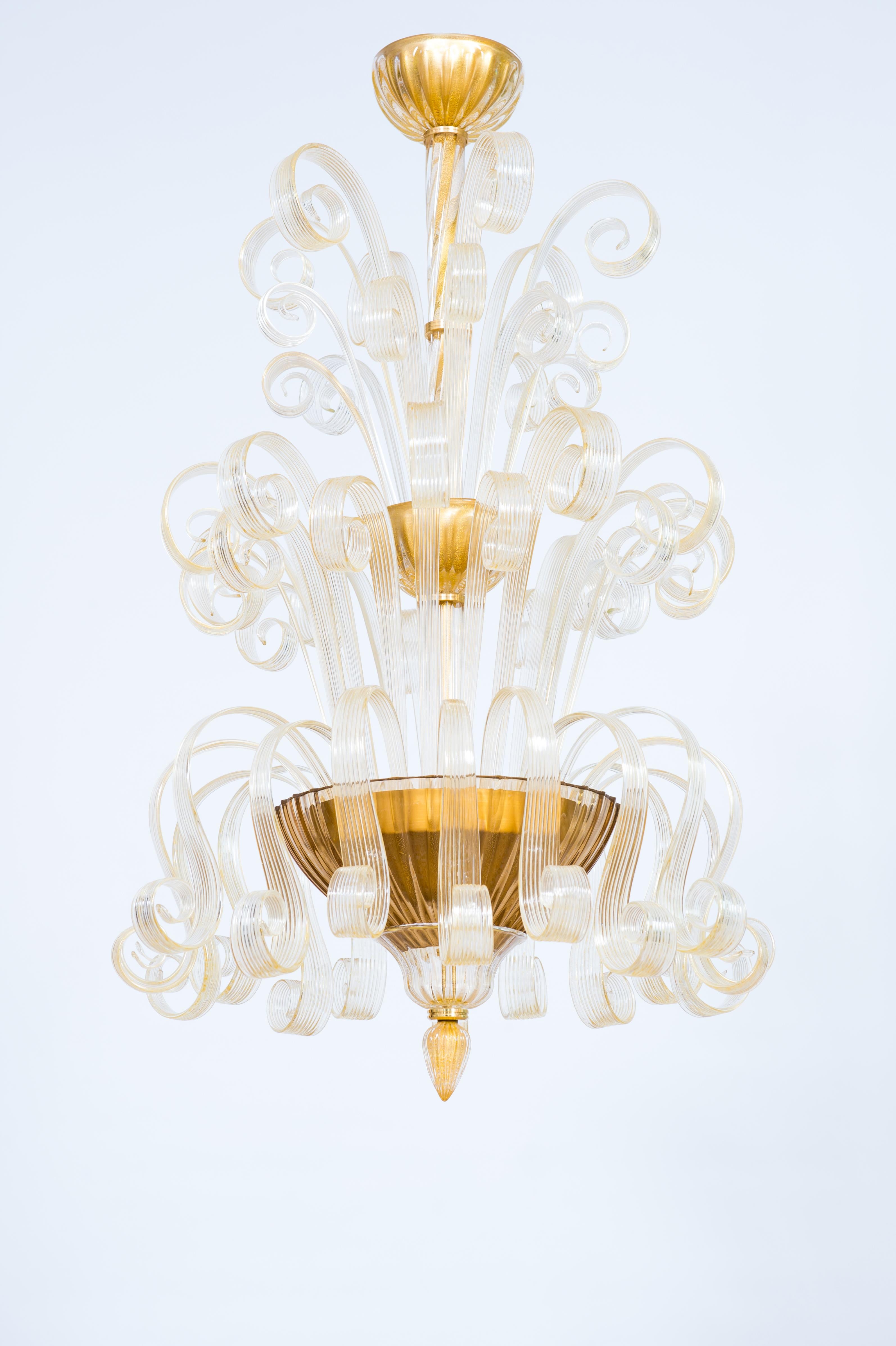 Lampadario in vetro di Murano: Spirali scolpite, accenti dorati, vetro artistico ad alta rifrazione

Questo lampadario in vetro di Murano presenta un gioco dinamico di spirali scolpite e formate a mano, studiate per ottenere la massima rifrazione