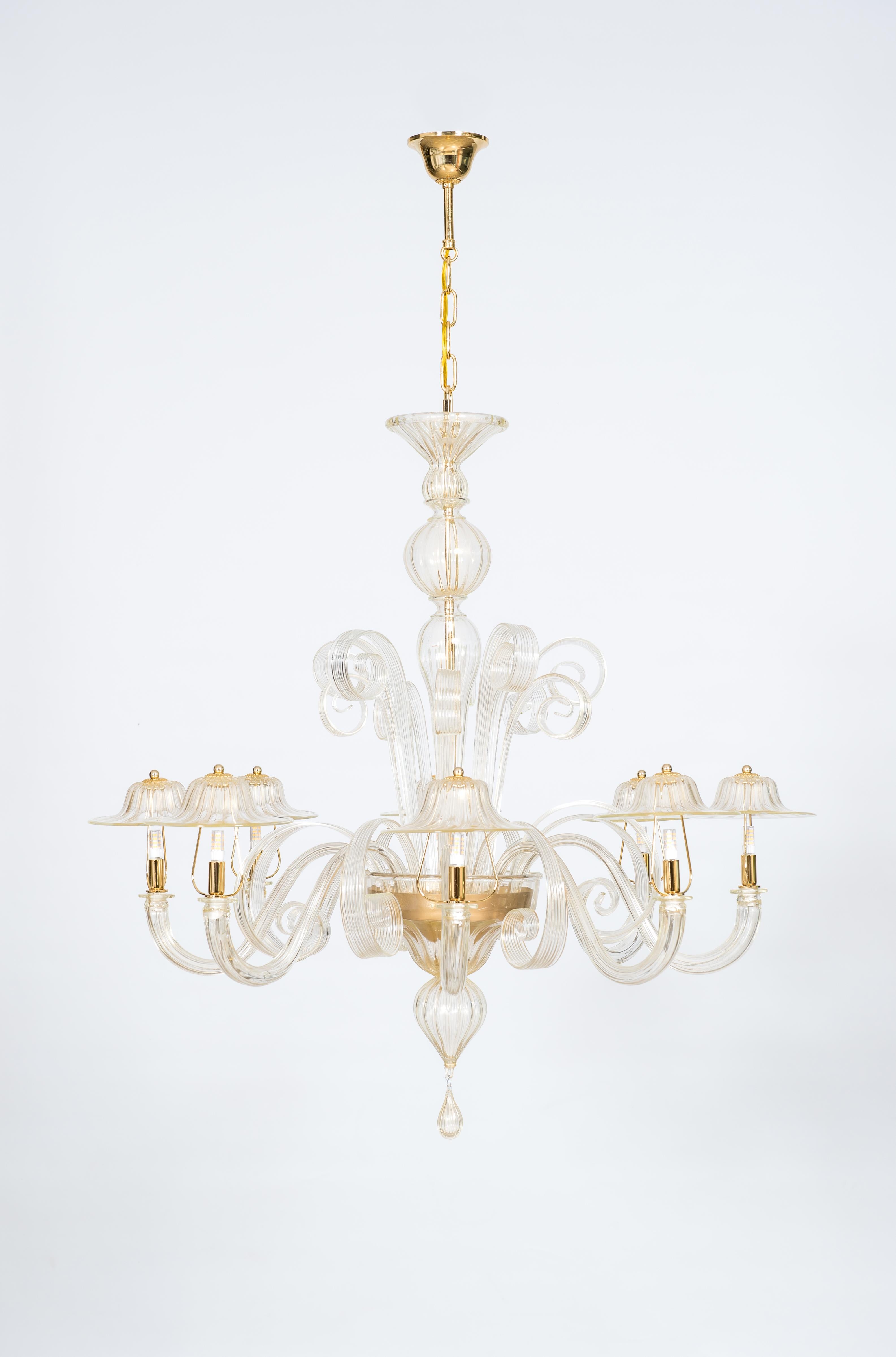 Modern Murano Glass Chandelier with 24-Karat Gold and Pastoral Decorations, Italy For Sale