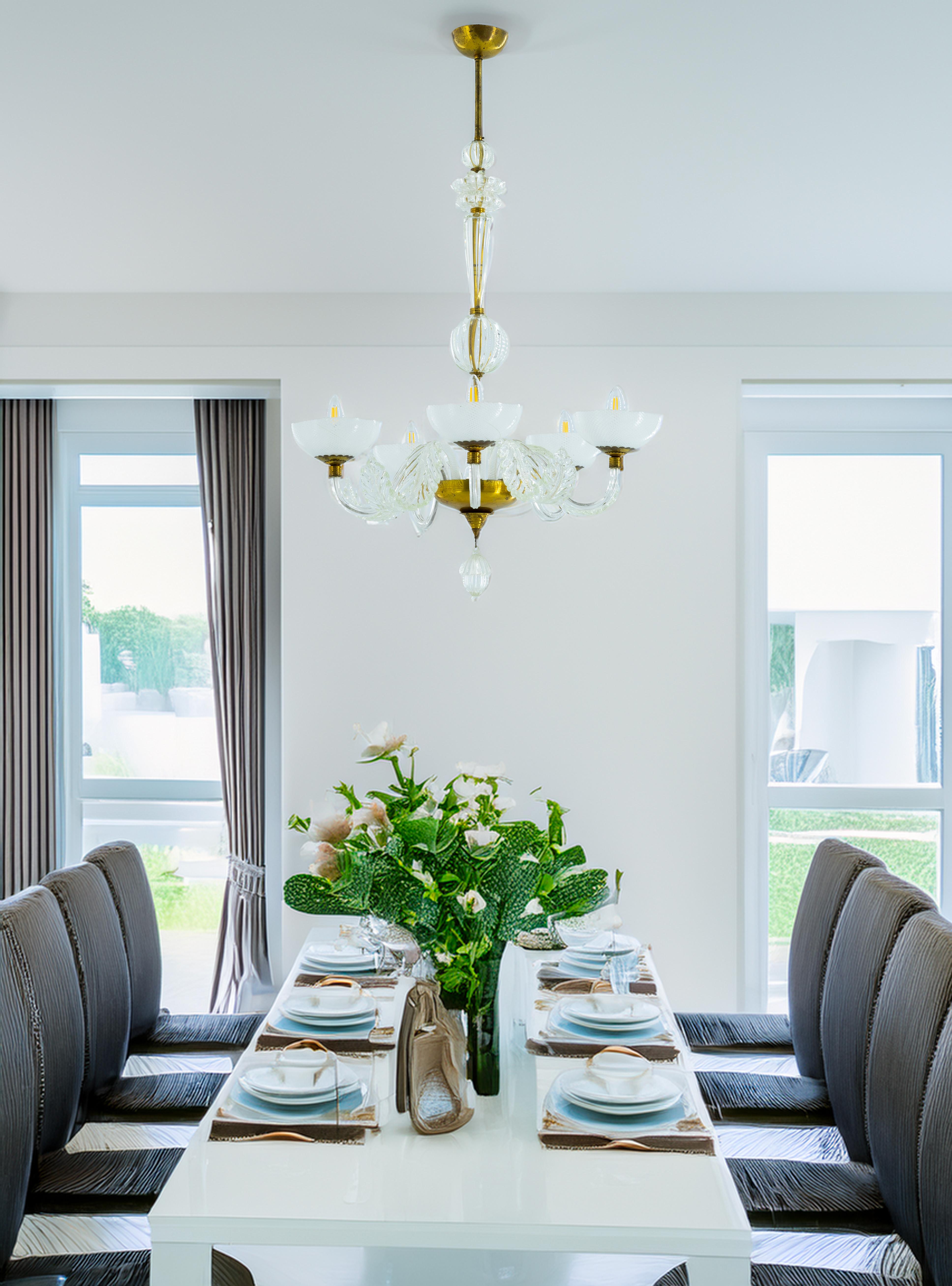 Murano Glass Chandelier with Delicate White Shades and Gilded Accents from 20th For Sale 3