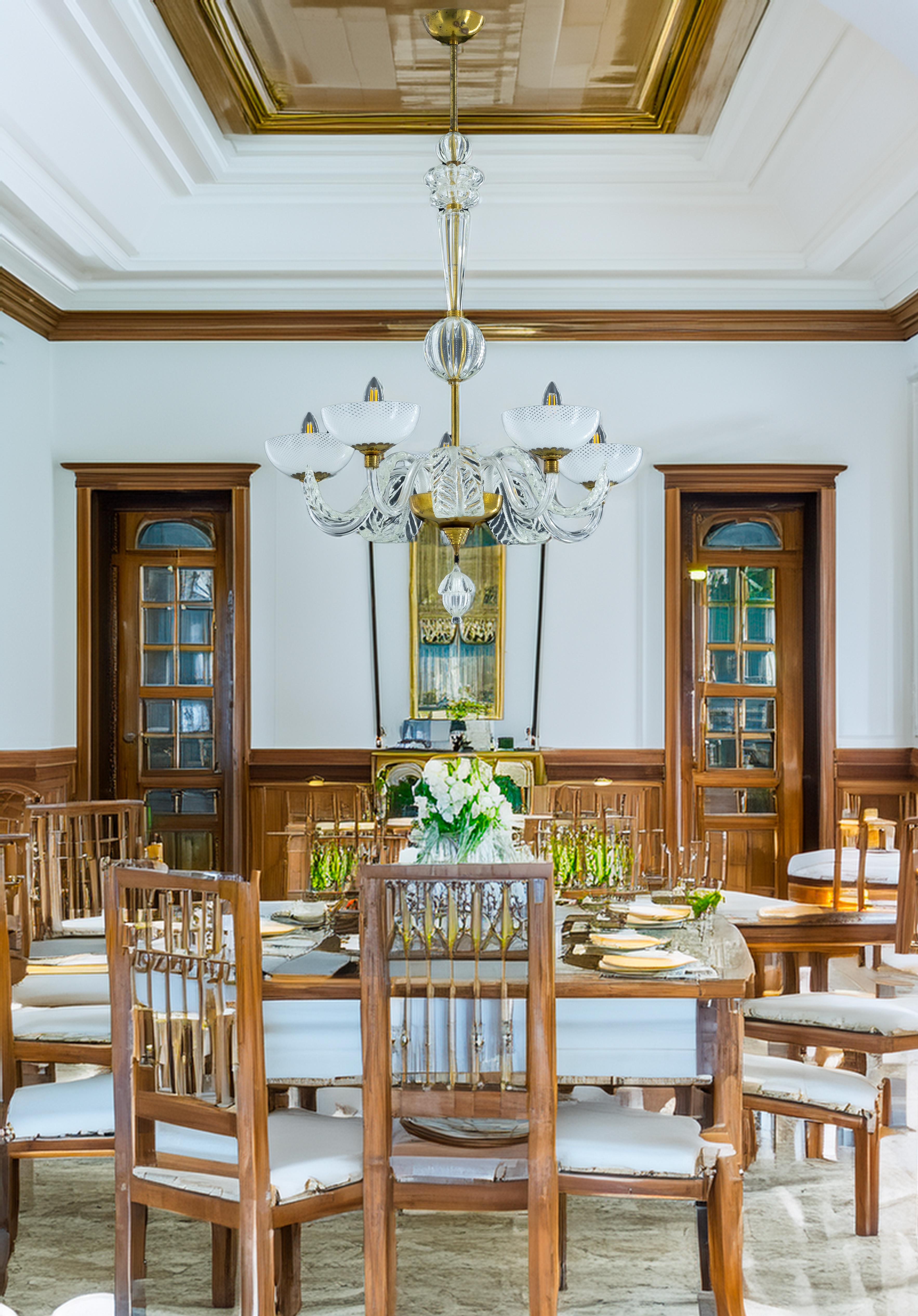 Murano Glass Chandelier with Delicate White Shades and Gilded Accents from 20th For Sale 8
