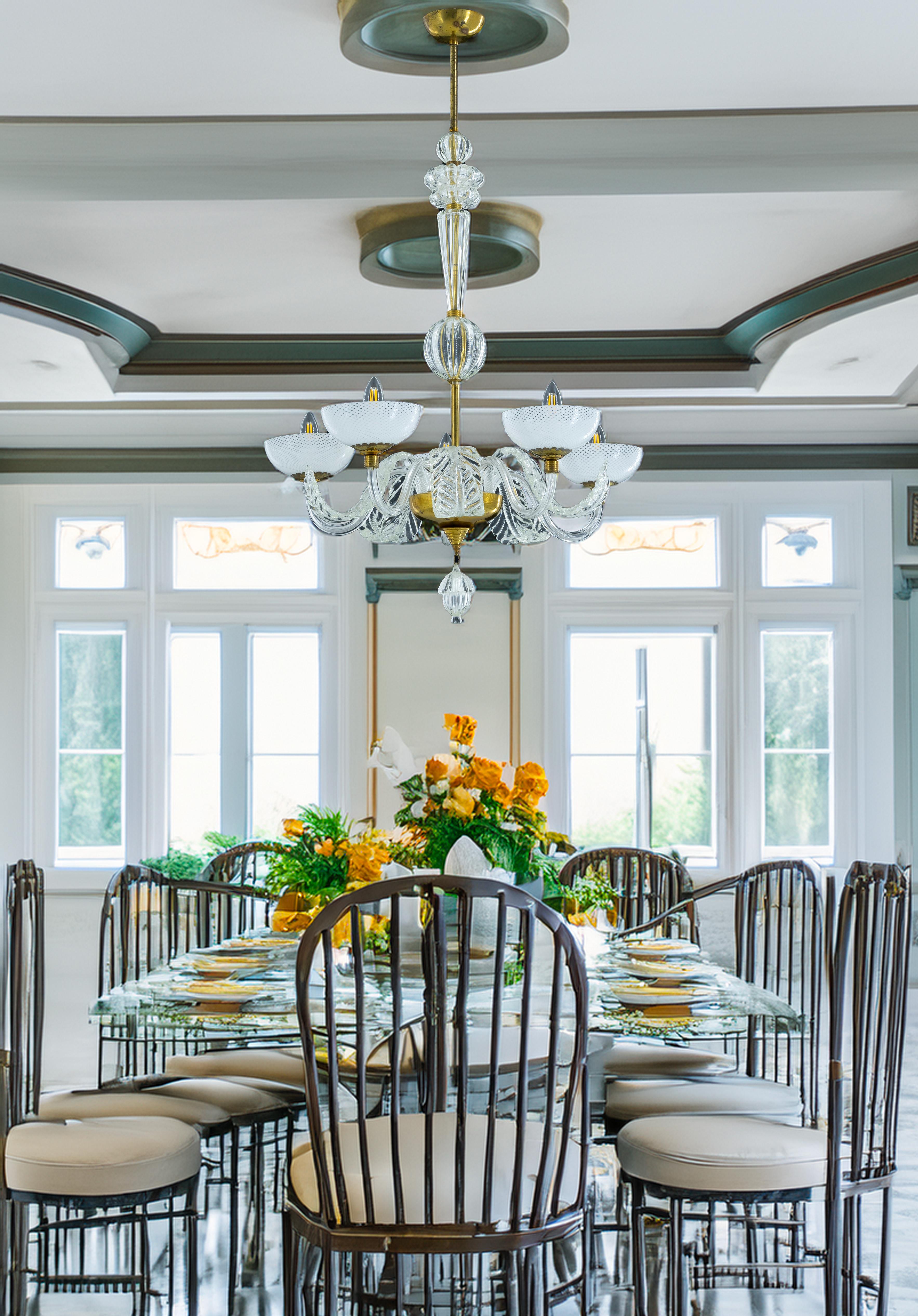 Murano Glass Chandelier with Delicate White Shades and Gilded Accents from 20th For Sale 9