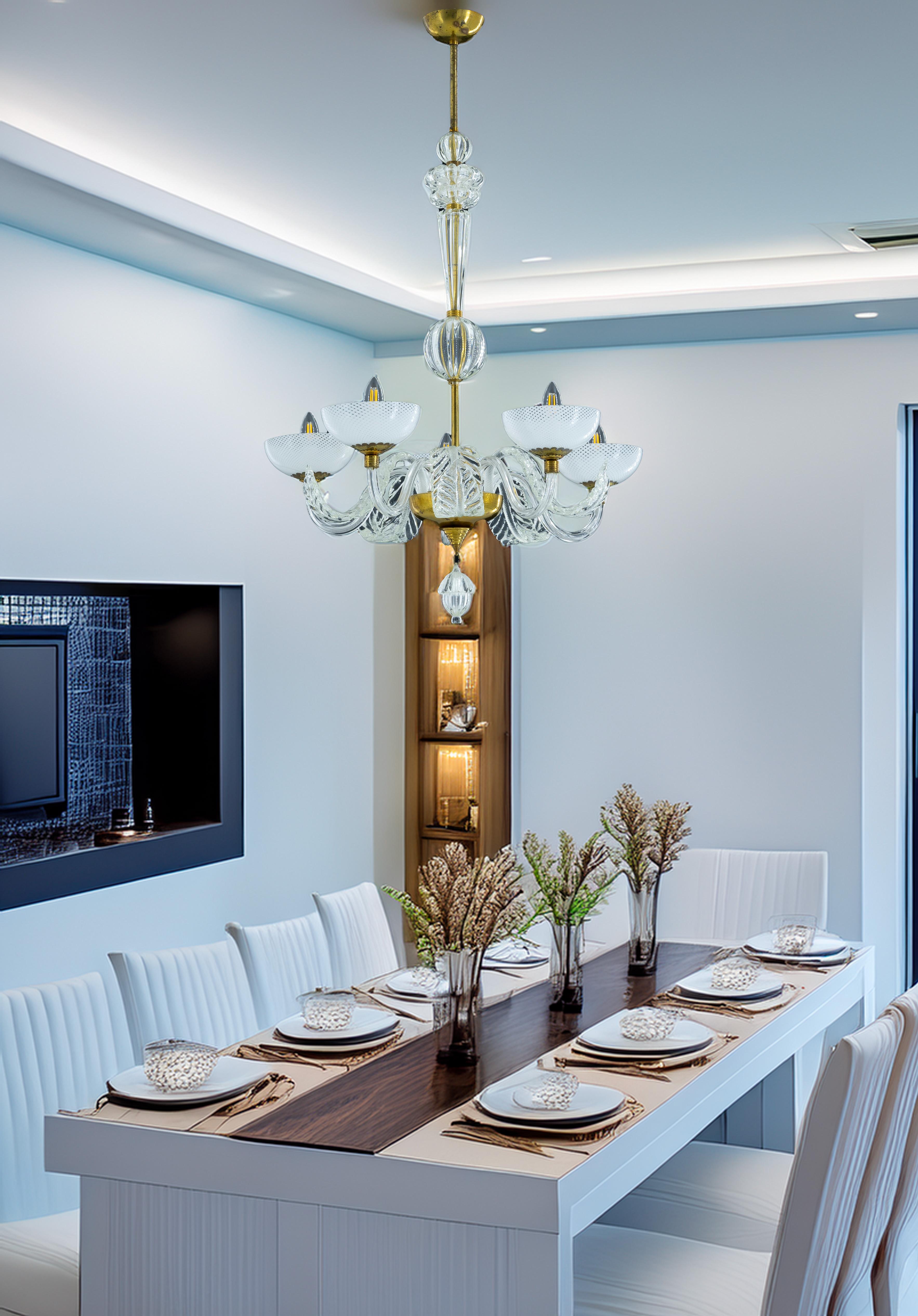 Murano Glass Chandelier with Delicate White Shades and Gilded Accents from 20th For Sale 10