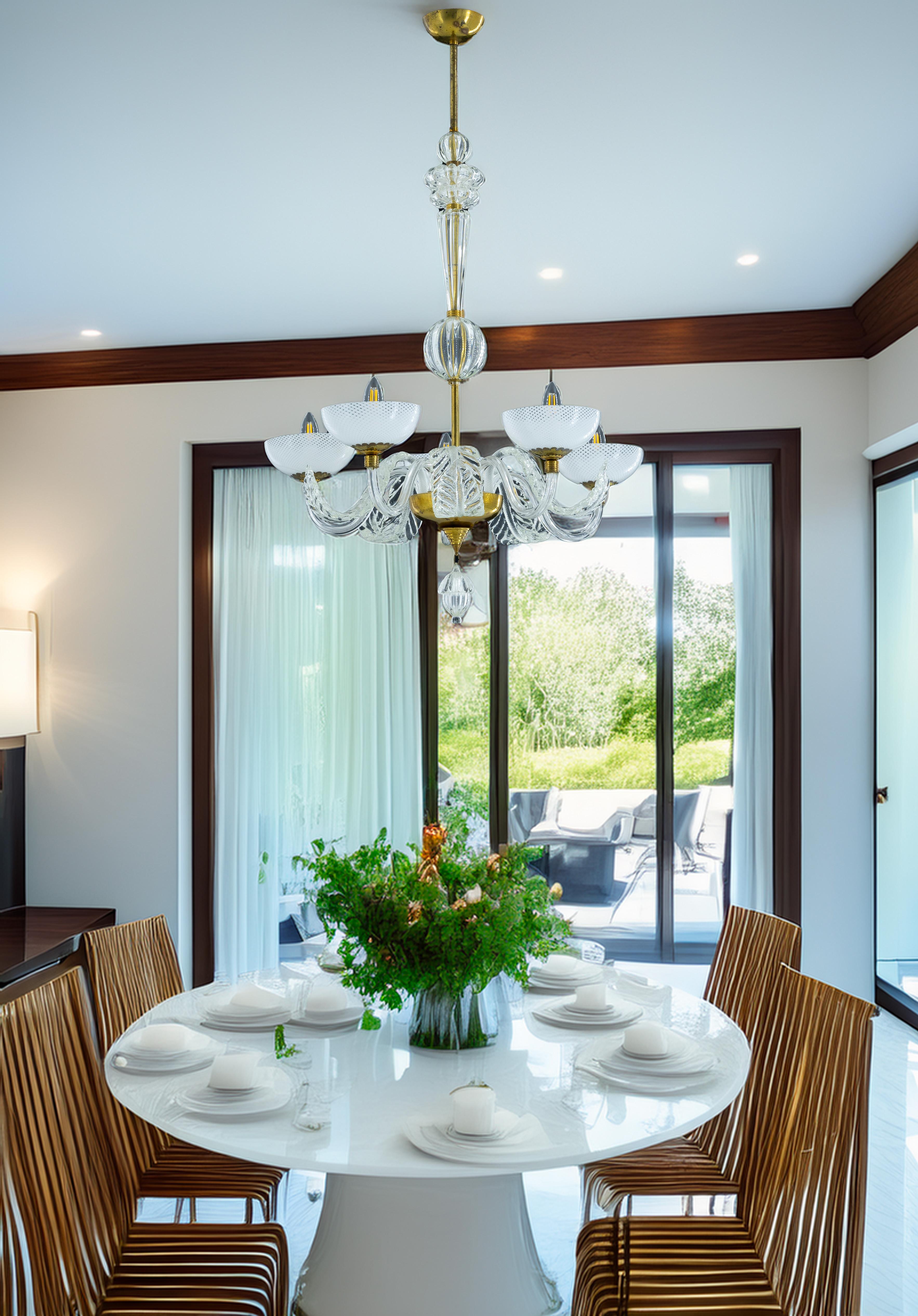 Murano Glass Chandelier with Delicate White Shades and Gilded Accents from 20th For Sale 11