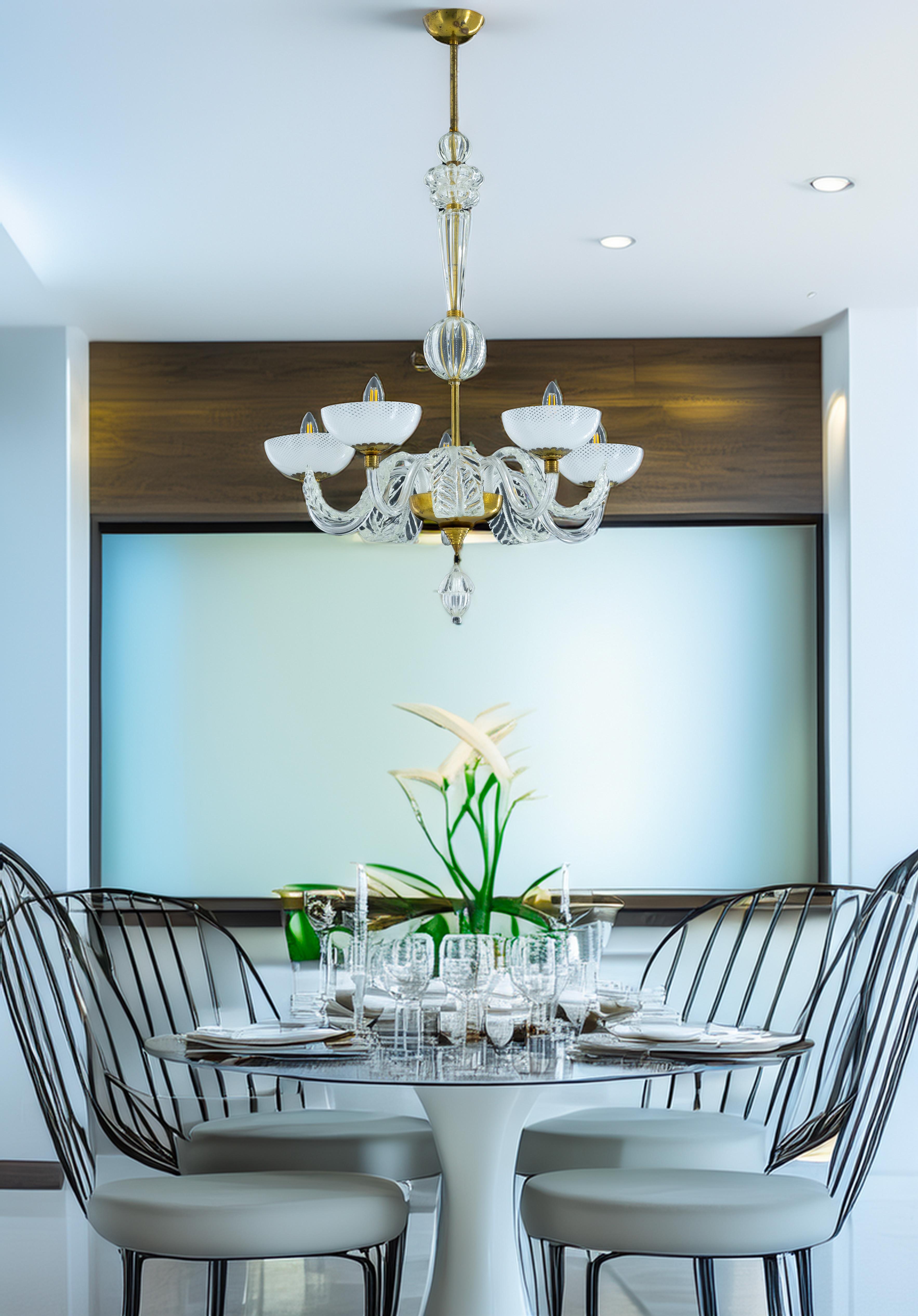 Murano Glass Chandelier with Delicate White Shades and Gilded Accents from 20th For Sale 12